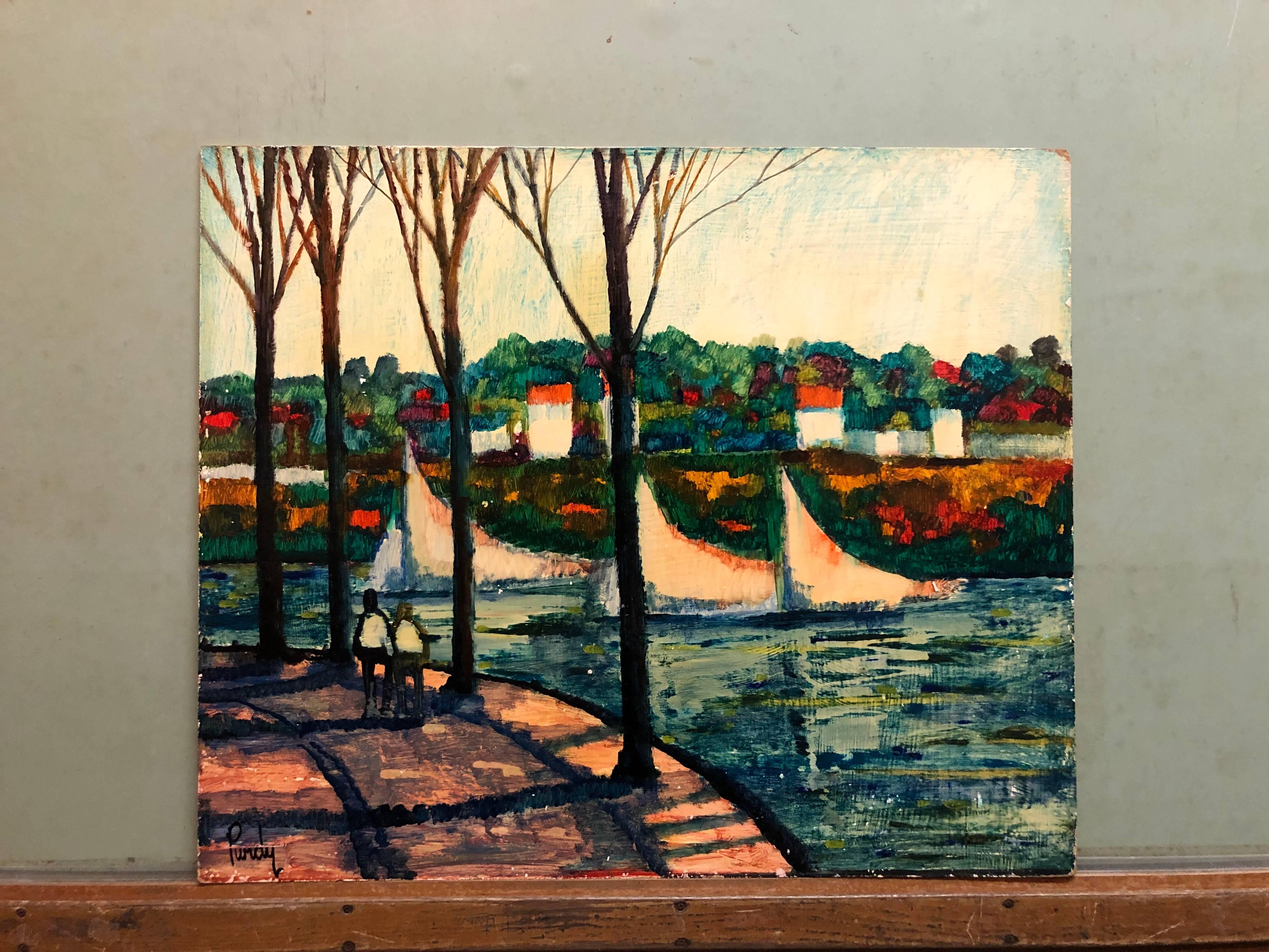 Paseo fluvial, pintura al óleo modernista americana Paisaje con  Río y barcos - Painting de Donald Roy Purdy