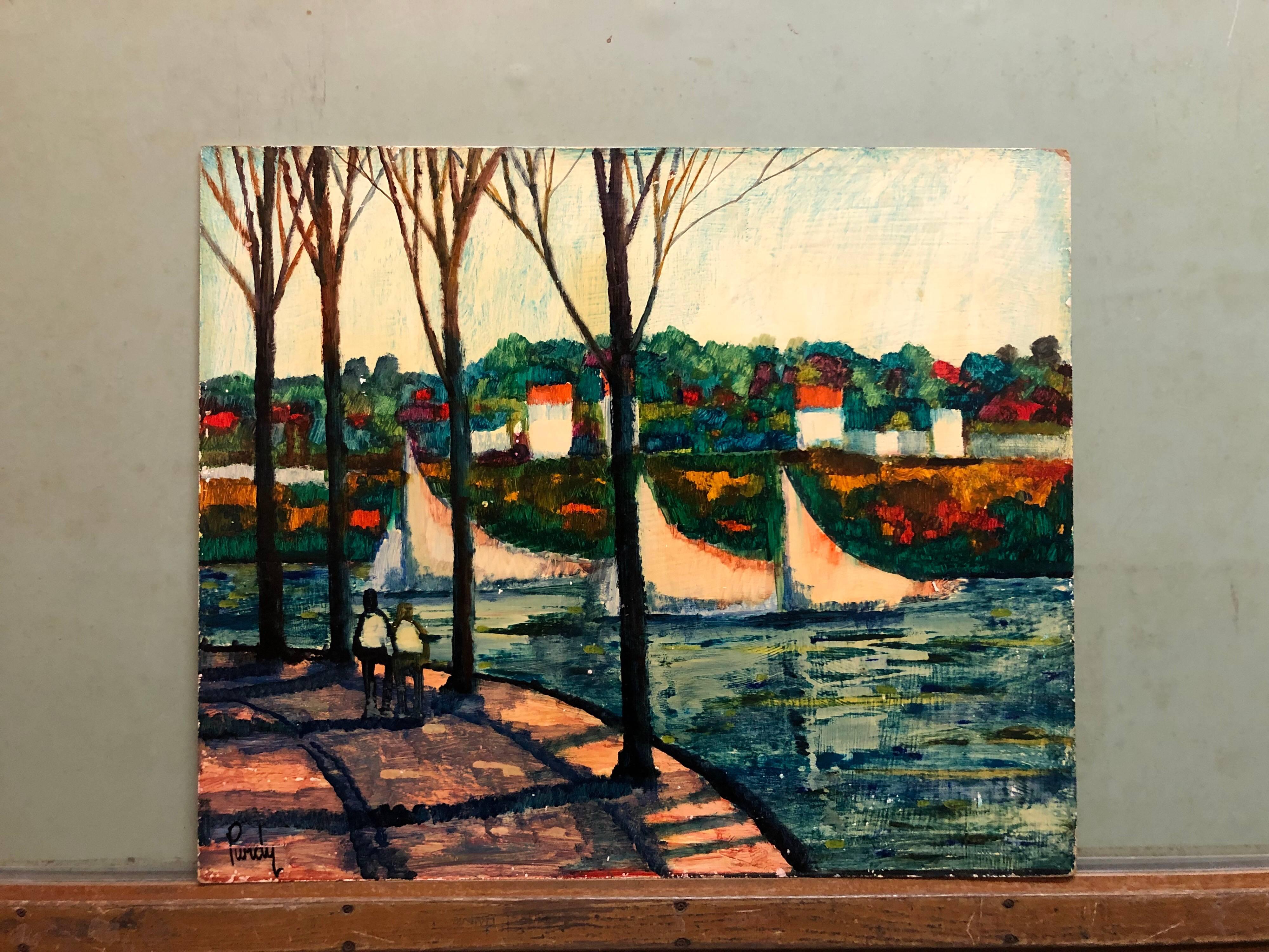 River Walk, American Modernist Oil Painting Landscape with  River and Boats - Black Figurative Painting by Donald Roy Purdy