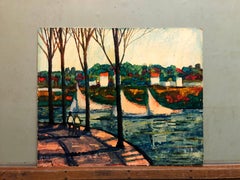 River Walk, American Modernist Oil Painting Landscape with  River and Boats