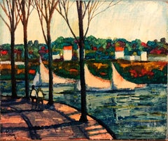 Peinture à l'huile - Paysage moderniste américain avec River Walk  Voilier et bateaux