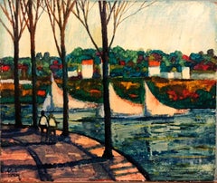 Peinture à l'huile - Paysage moderniste américain River Walk avec  Voilier et bateaux