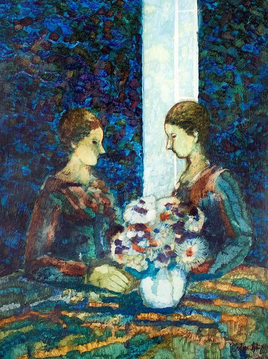 Sisters, American Impressionist Mid Century Oil Painting For Sale 1