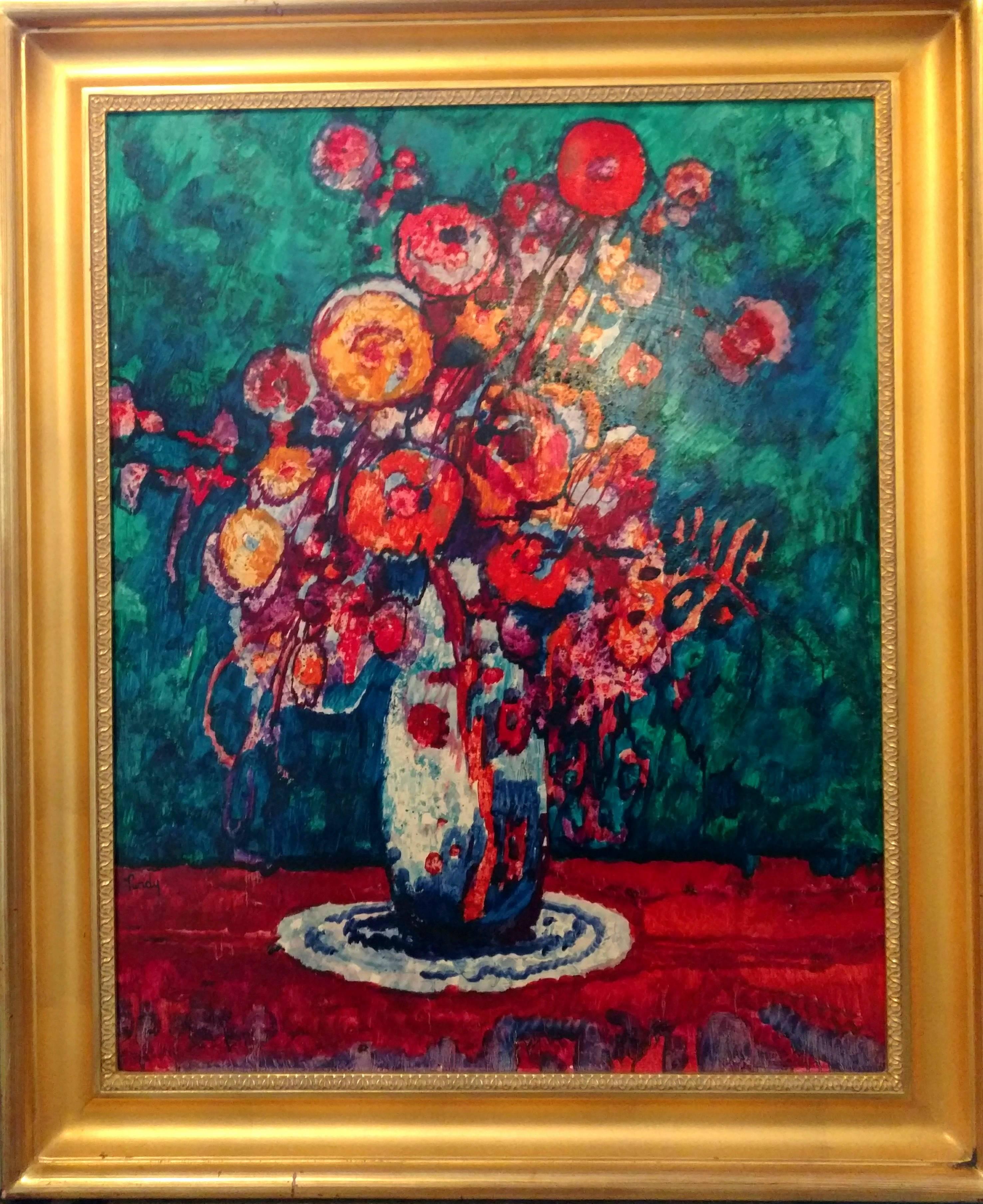 Still-Life Painting Donald Roy Purdy - Nature morte florale vibrante dans le style moderniste