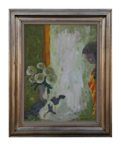 "Pensive Quiet" Impressionist Interior Painting with Flowers and a Girl