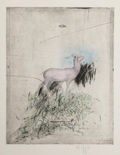 Alpine Goat, Surrealist Etching with Hand-Coloring by Donald Saff