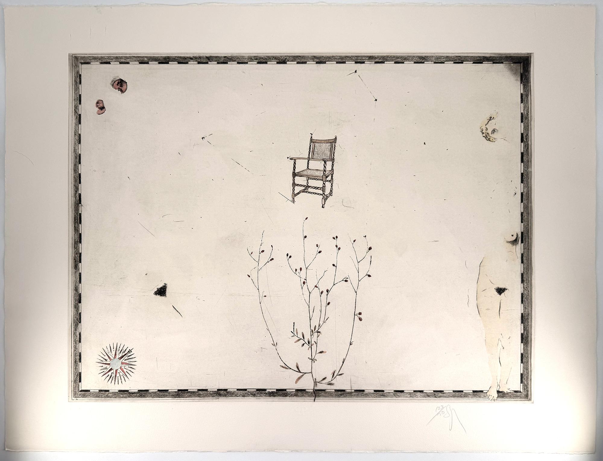 Chair, Tree, Compass and Female Nude - Print by Donald Saff