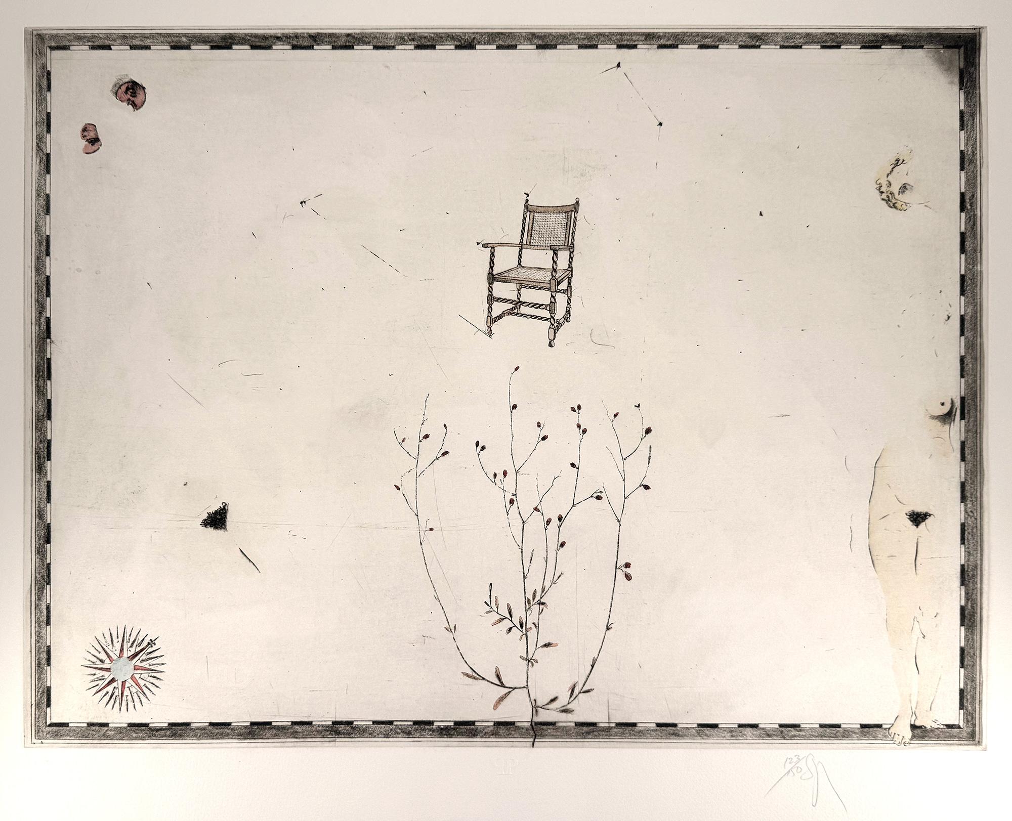 Donald Saff Abstract Print - Chair, Tree, Compass and Female Nude