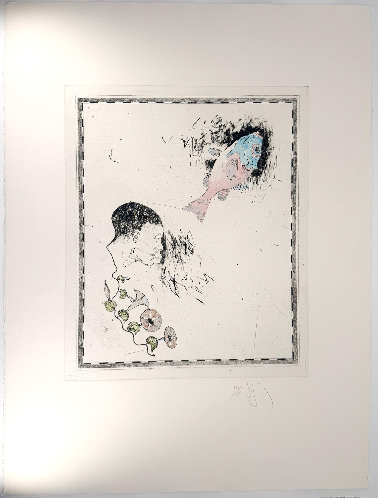 Head of a Man, Fish and Morning Glory - Print by Donald Saff
