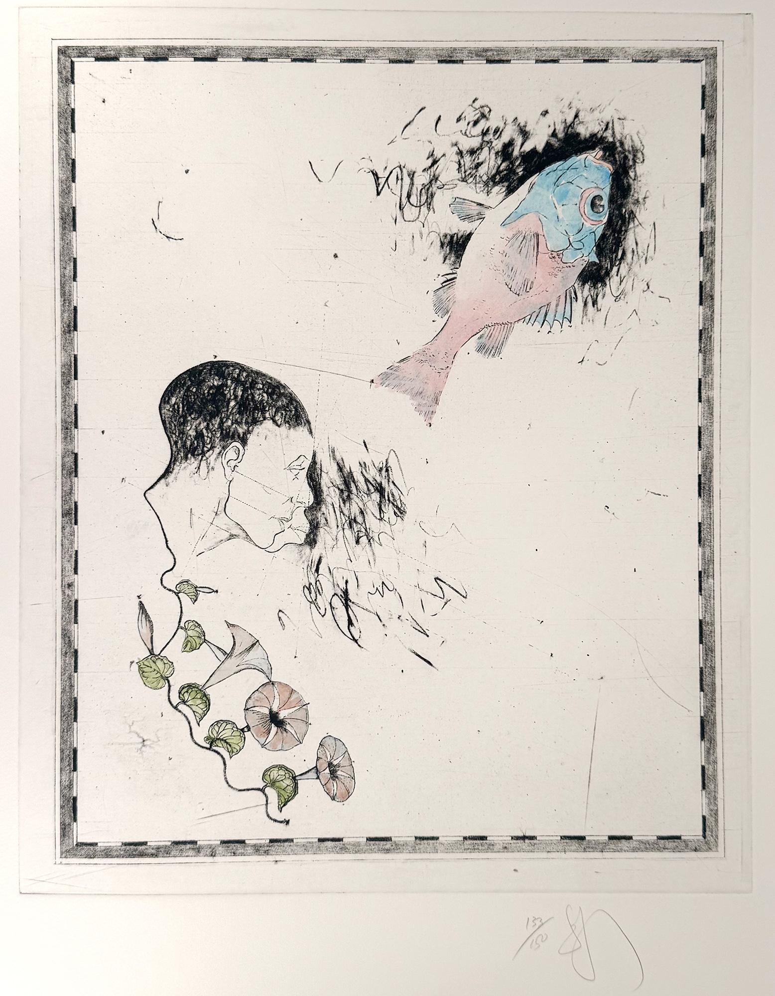 Donald Saff Animal Print - Head of a Man, Fish and Morning Glory