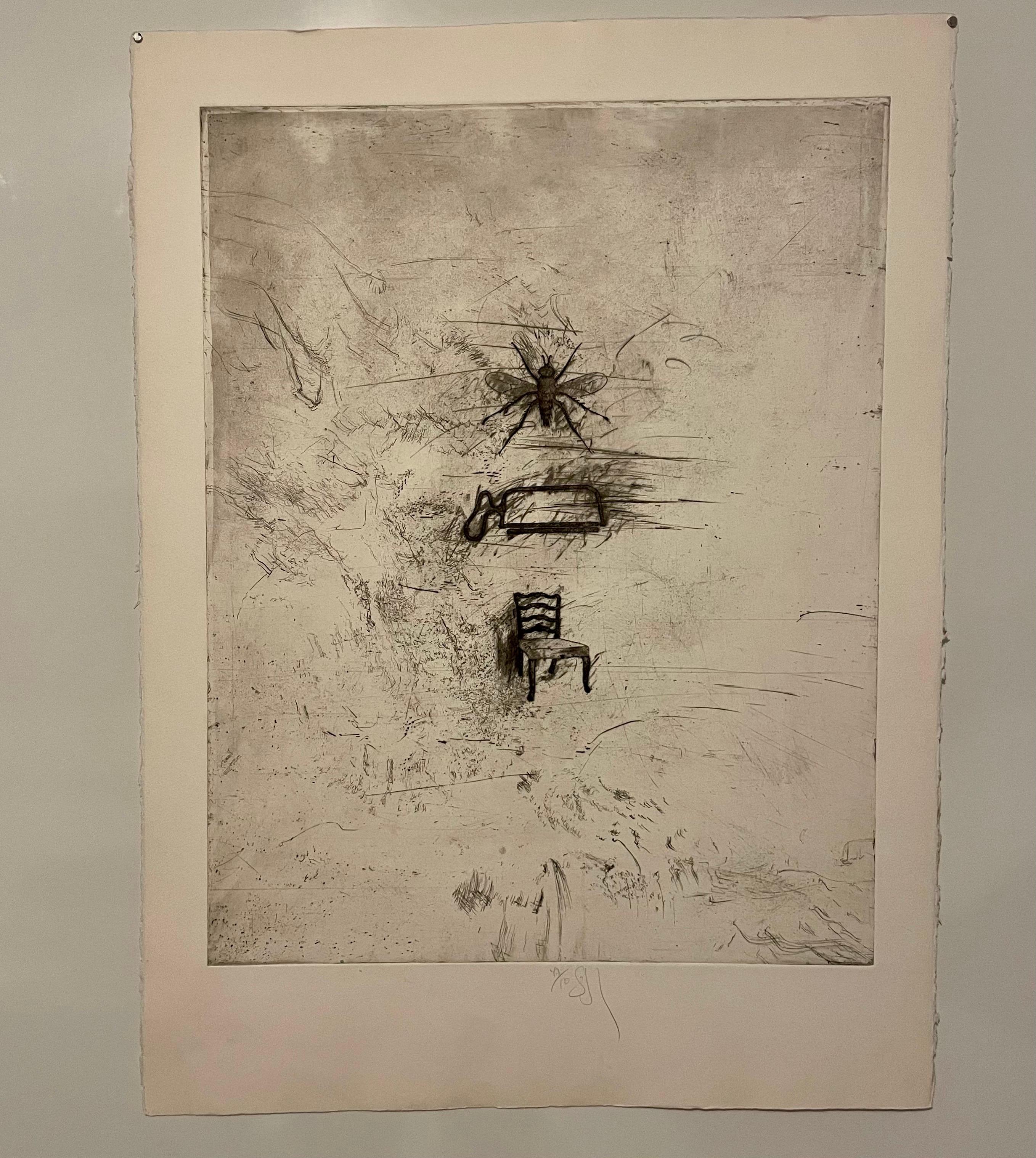 Gran aguafuerte de arte pop surrealista de Donald Saff Abeja, silla y maceta en venta 3