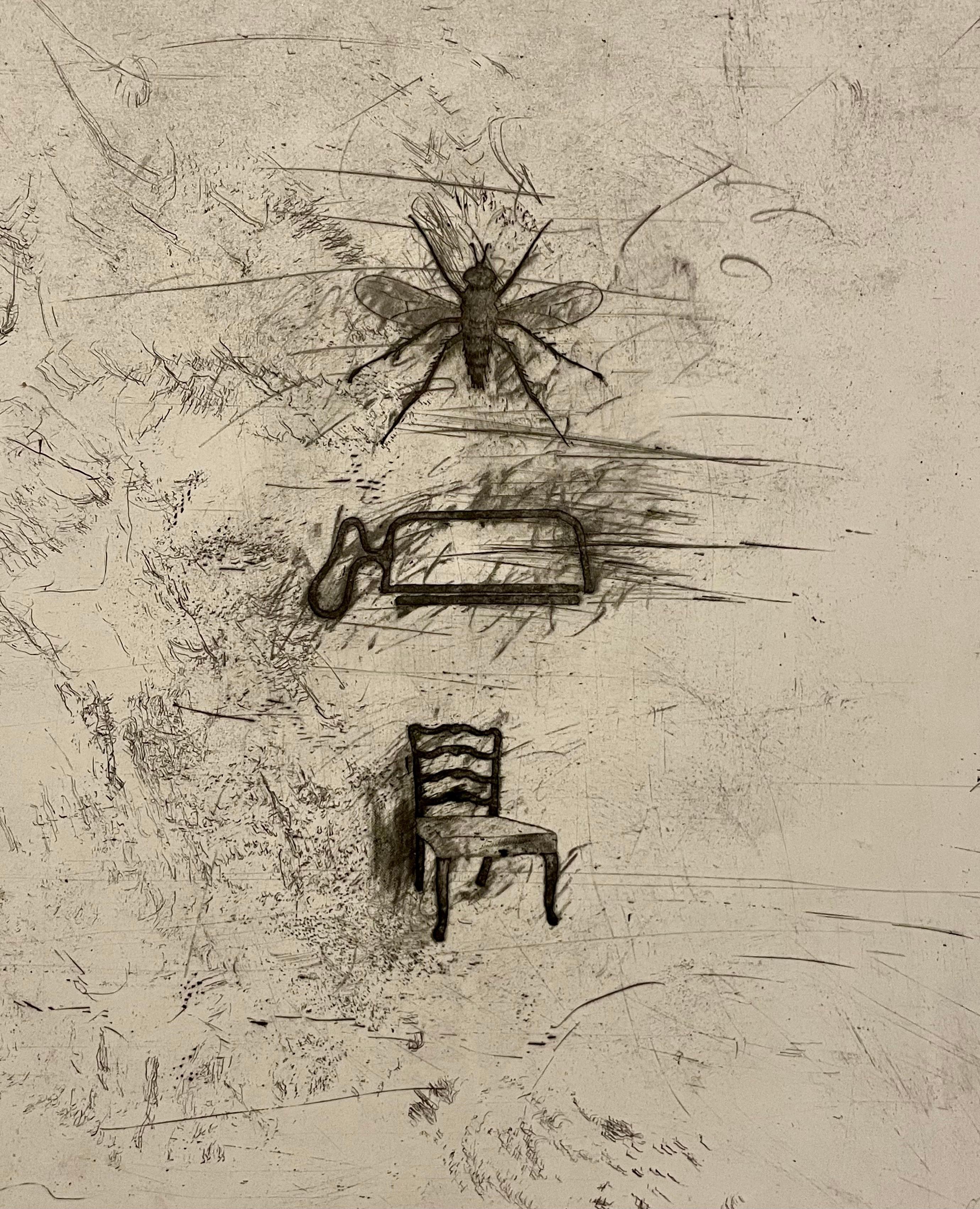 Gran aguafuerte de arte pop surrealista de Donald Saff Abeja, silla y maceta en venta 4