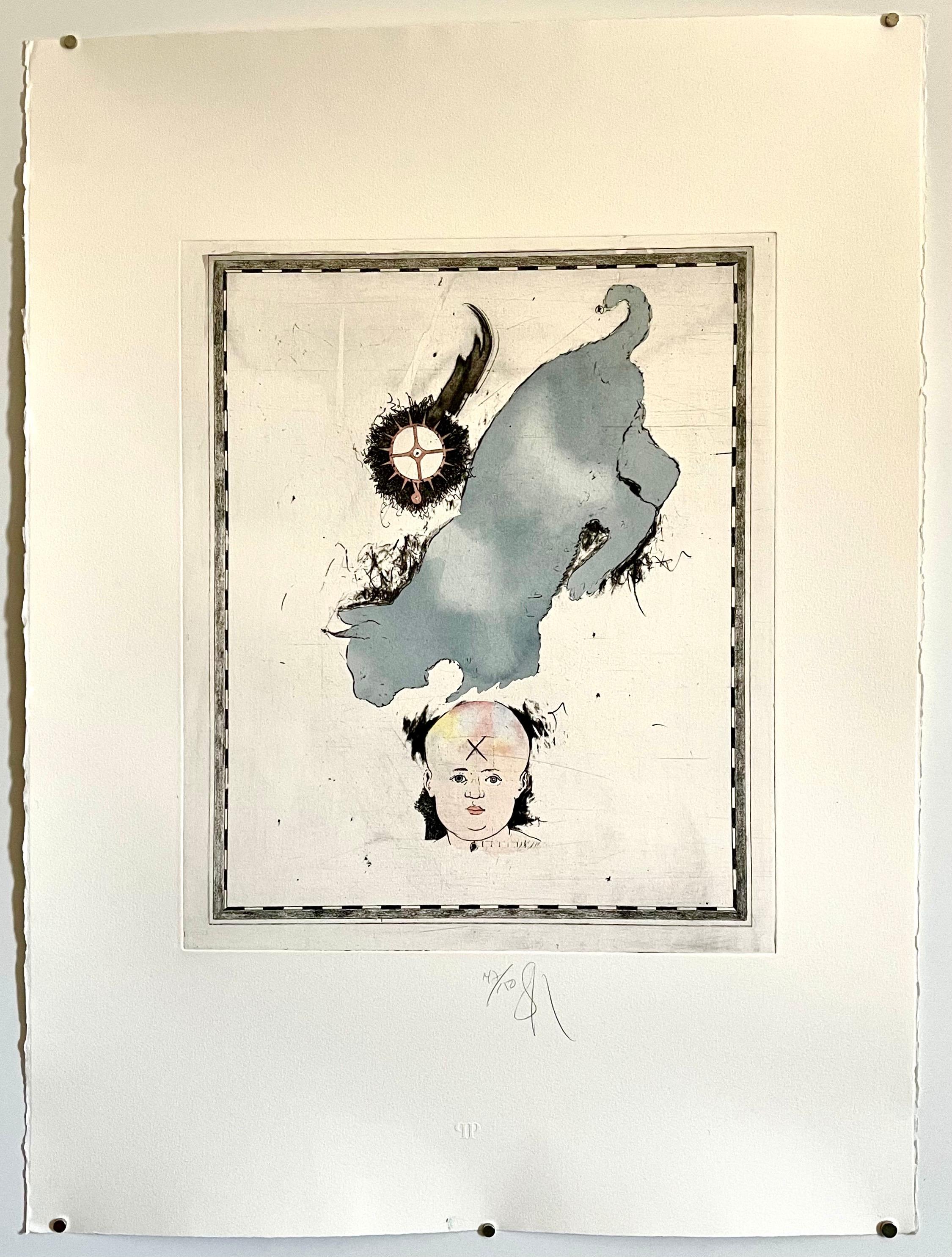 Grande acquatinta Pop Art surrealista di Donald Saff Gatto blu con bambino in vendita 4