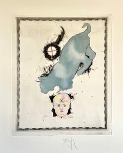 Grande acquatinta Pop Art surrealista di Donald Saff Gatto blu con bambino 