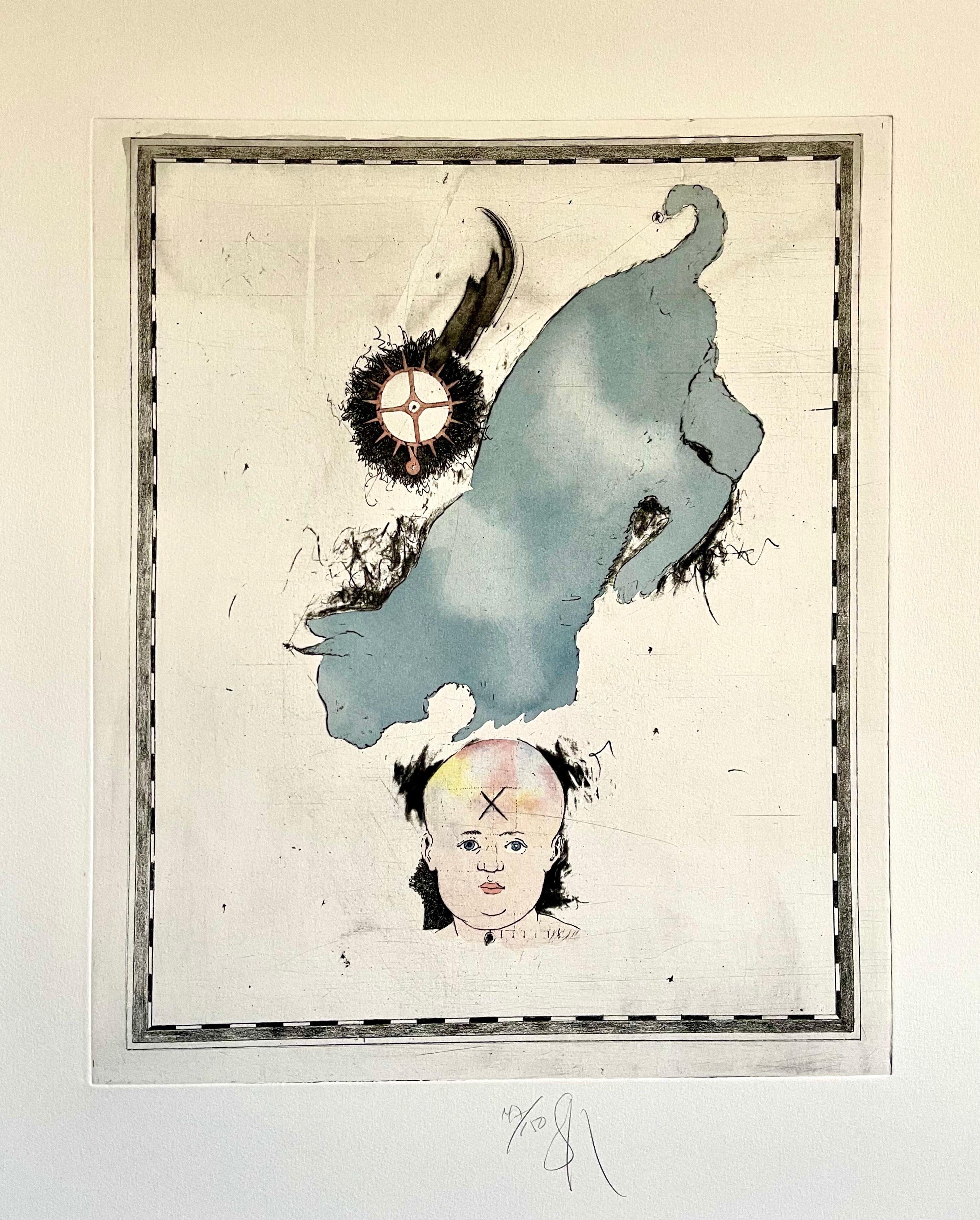 Grande acquatinta Pop Art surrealista di Donald Saff Gatto blu con bambino