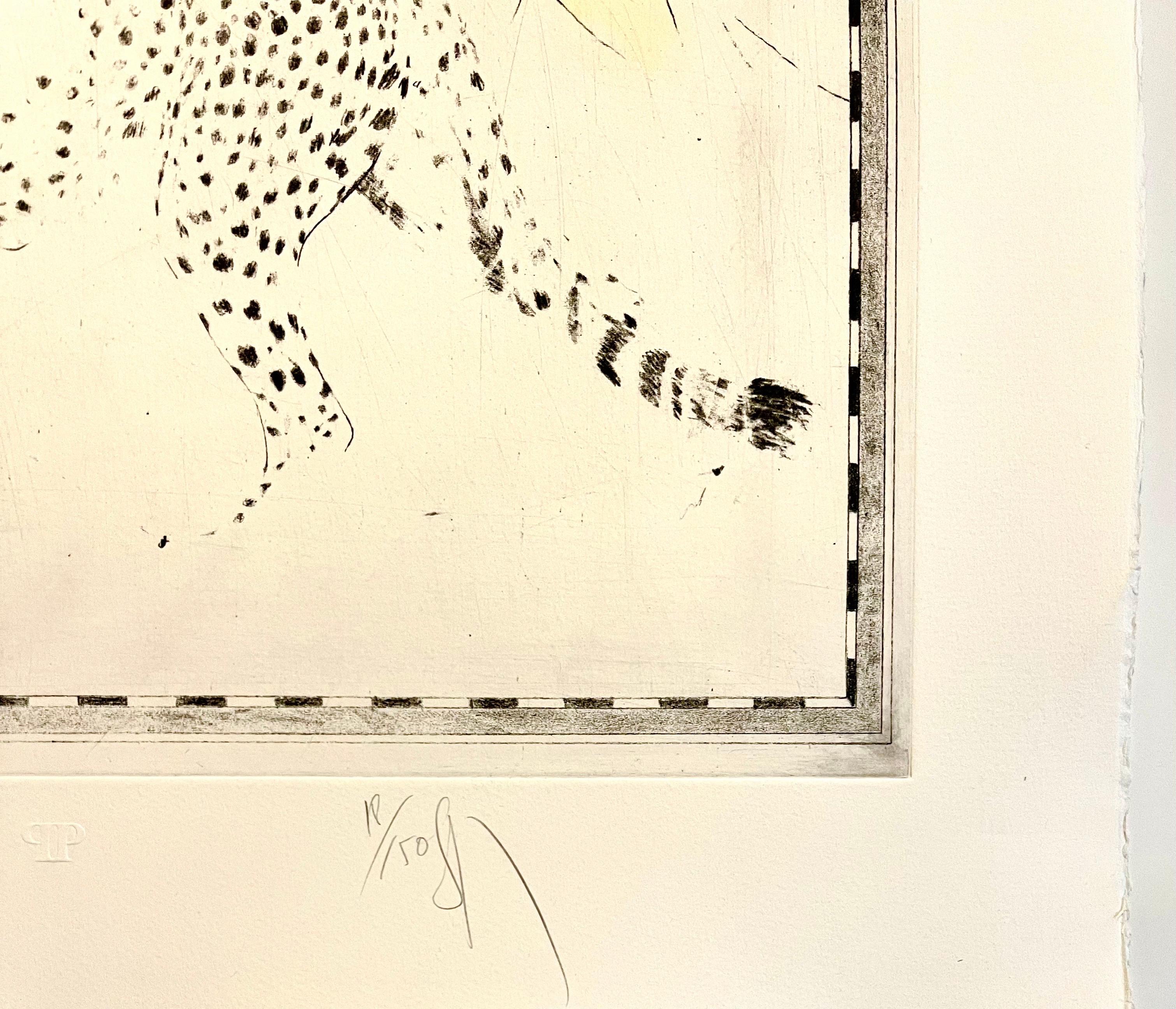 Grande aquatinte Pop Art surréaliste de Donald Saff gravée d'un léopard guépard et de grands chats en vente 1