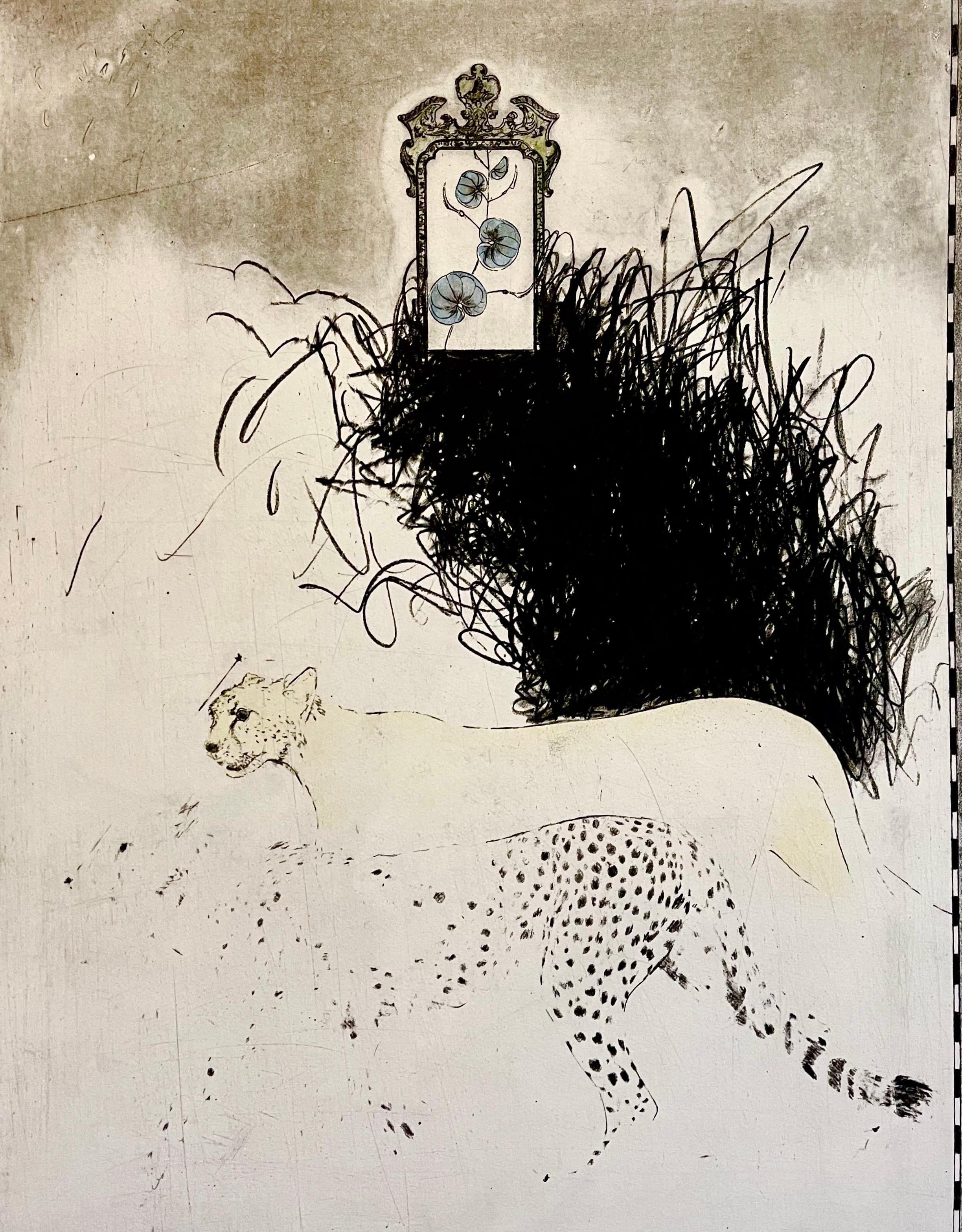 Artist: Donald Saff
Title: Leopard or Cheetah, big cats in interior
Year: 1980
Medium: Etching with Aquatint, Hand signed and numbered in pencil
Edition: 150 
30 in. x 22.5 in. (76.2 cm x 55.88 cm)

Donald Jay Saff (born 12 December 1937) is an