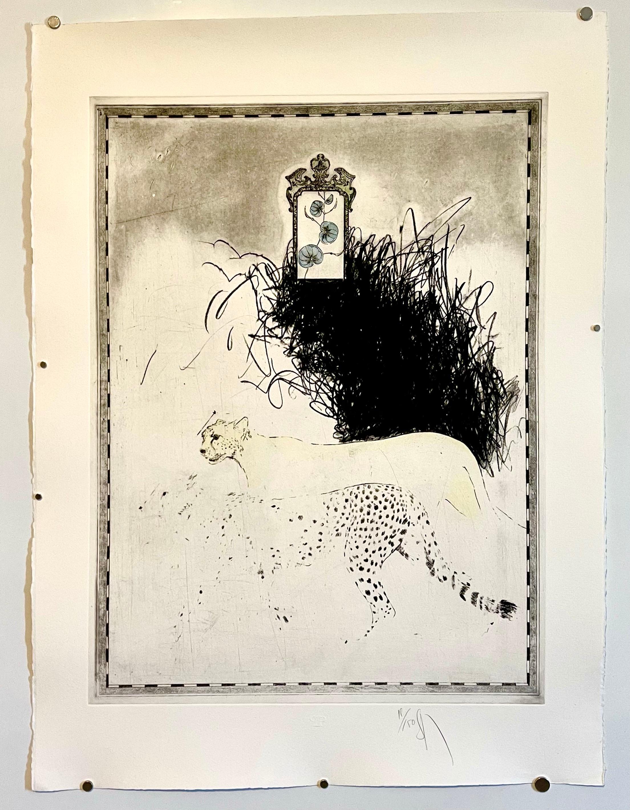 Grande aquatinte Pop Art surréaliste de Donald Saff gravée d'un léopard guépard et de grands chats en vente 4