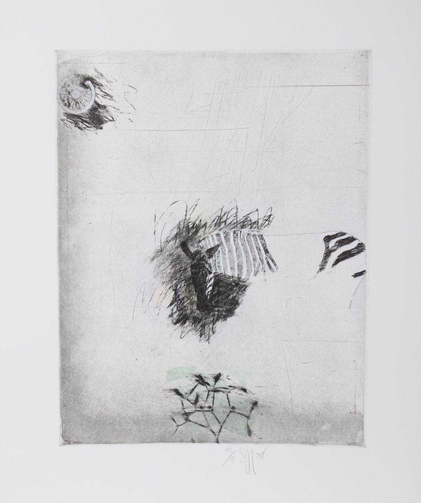 Zebra (Color)
Donald Saff, American (1937)
Date: 1980
Etching, signed and numbered in pencil
Edition of 50
Image Size: 24 x 18.5 inches
Size: 39 in. x 27.5 in. (99.06 cm x 69.85 cm)