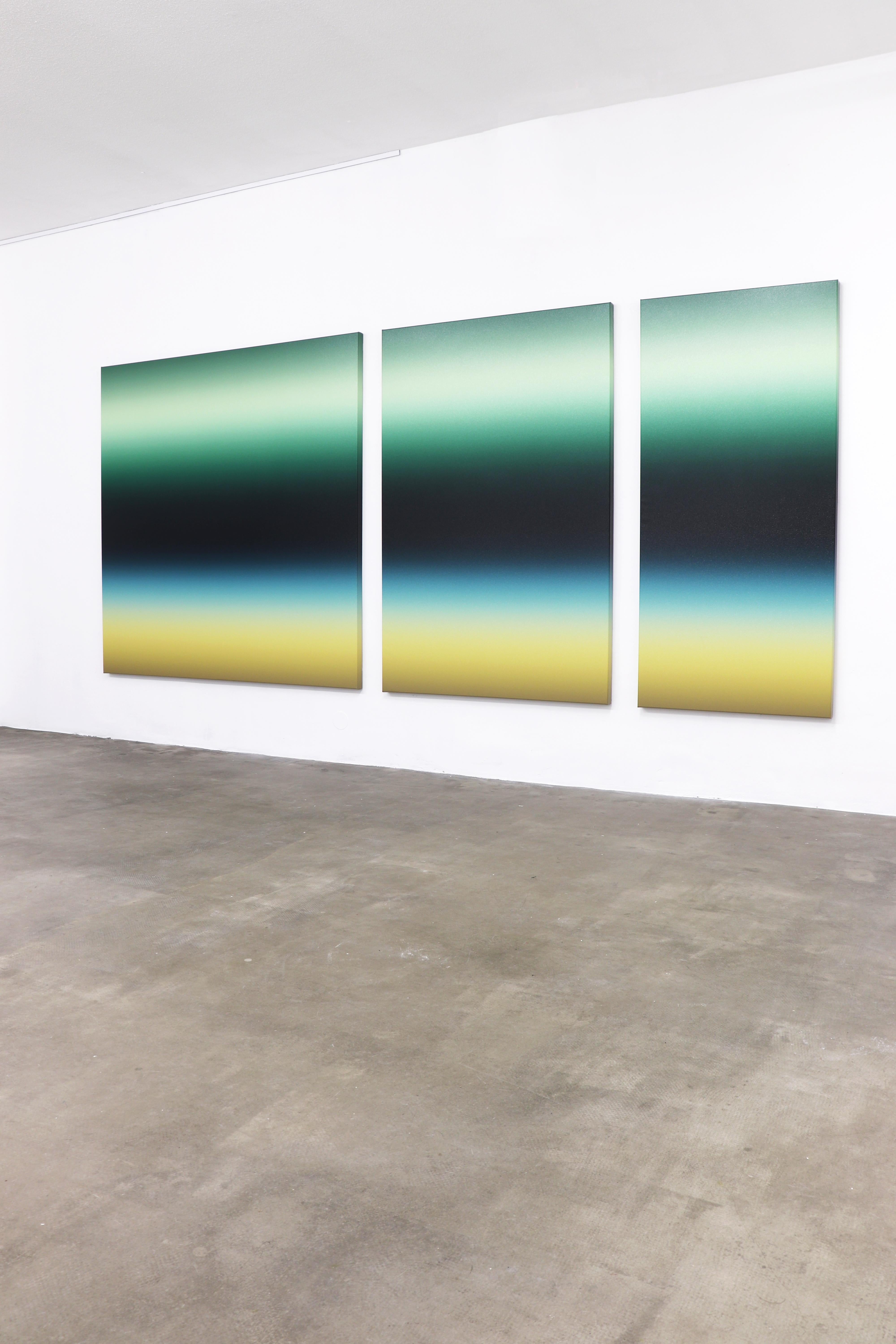 180 x ±405 cm (180 x 180 cm / 180 x 120 cm/ 180 x 85 cm)

Fascinated by the possibilities of oil paint in relation to its materiality, Donald's work is visualised through the creation of subtle colour gradients that express rhythm, depth and