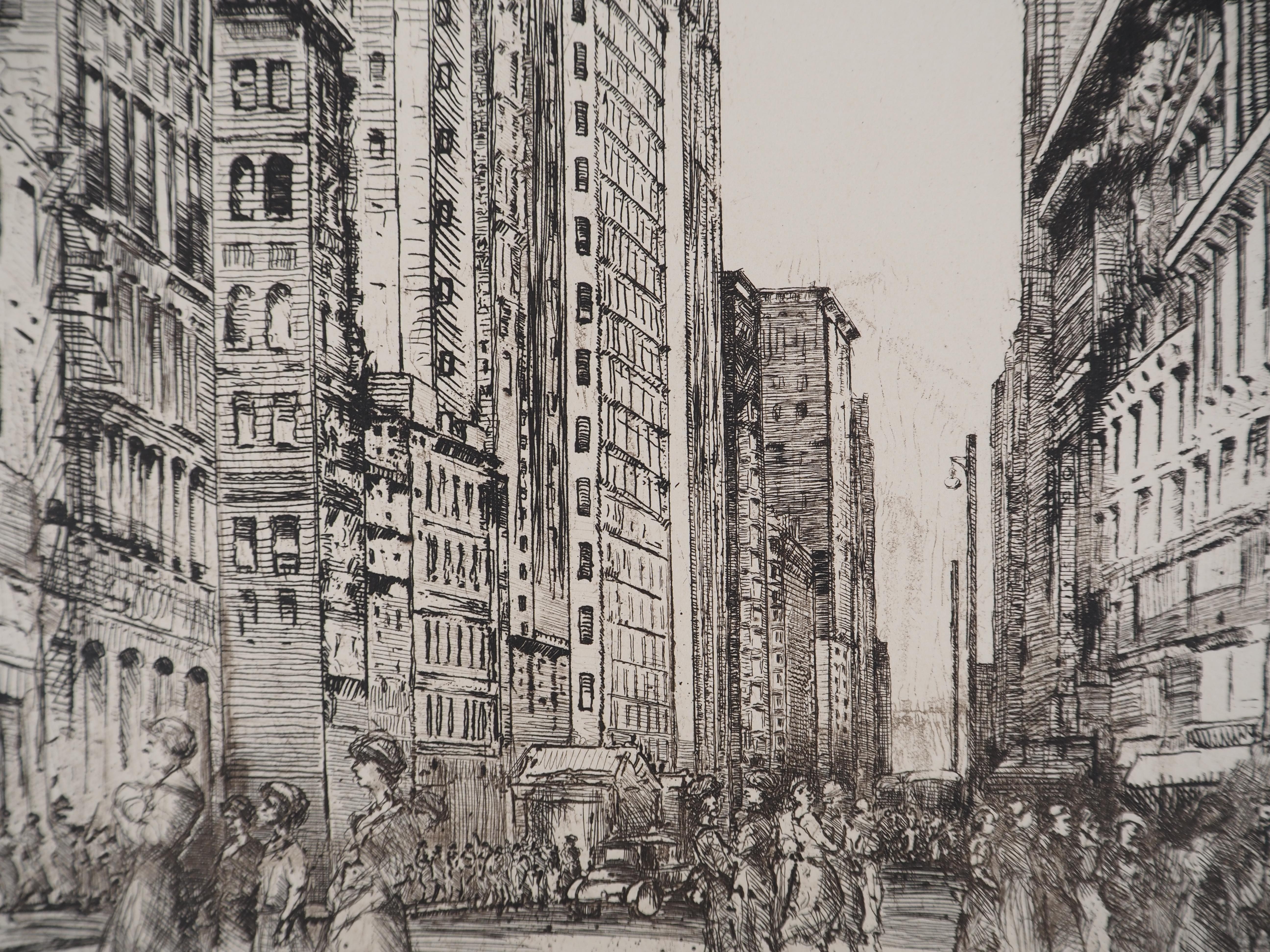 Chicago, Animated Avenue - Original etching, c. 1931 - Gray Figurative Print by Donald Shaw MacLaughlan