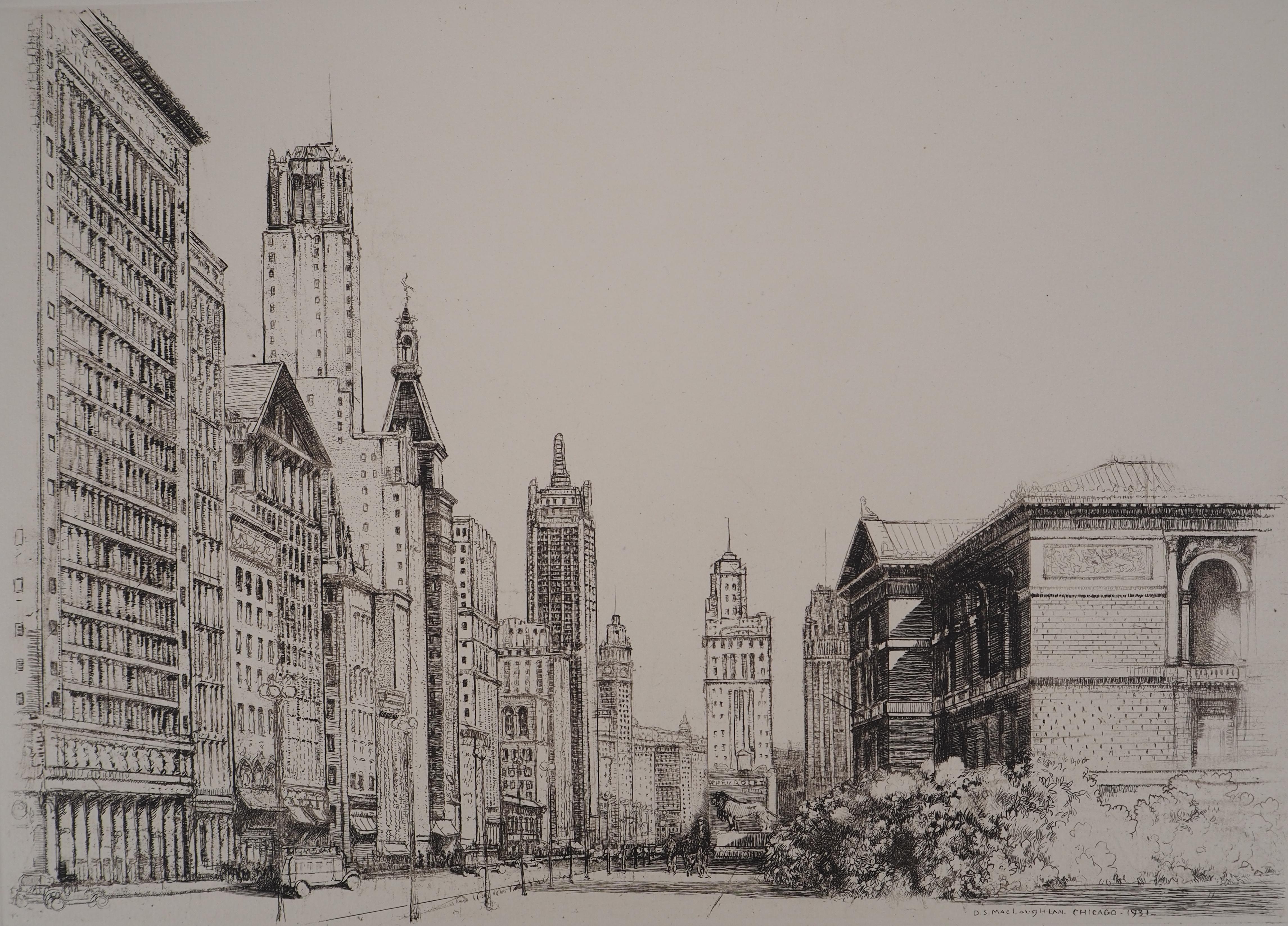 Chicago, Michigan Avenue n°1 - Incisione originale, 1931 ca. - Print American Modern di Donald Shaw MacLaughlan