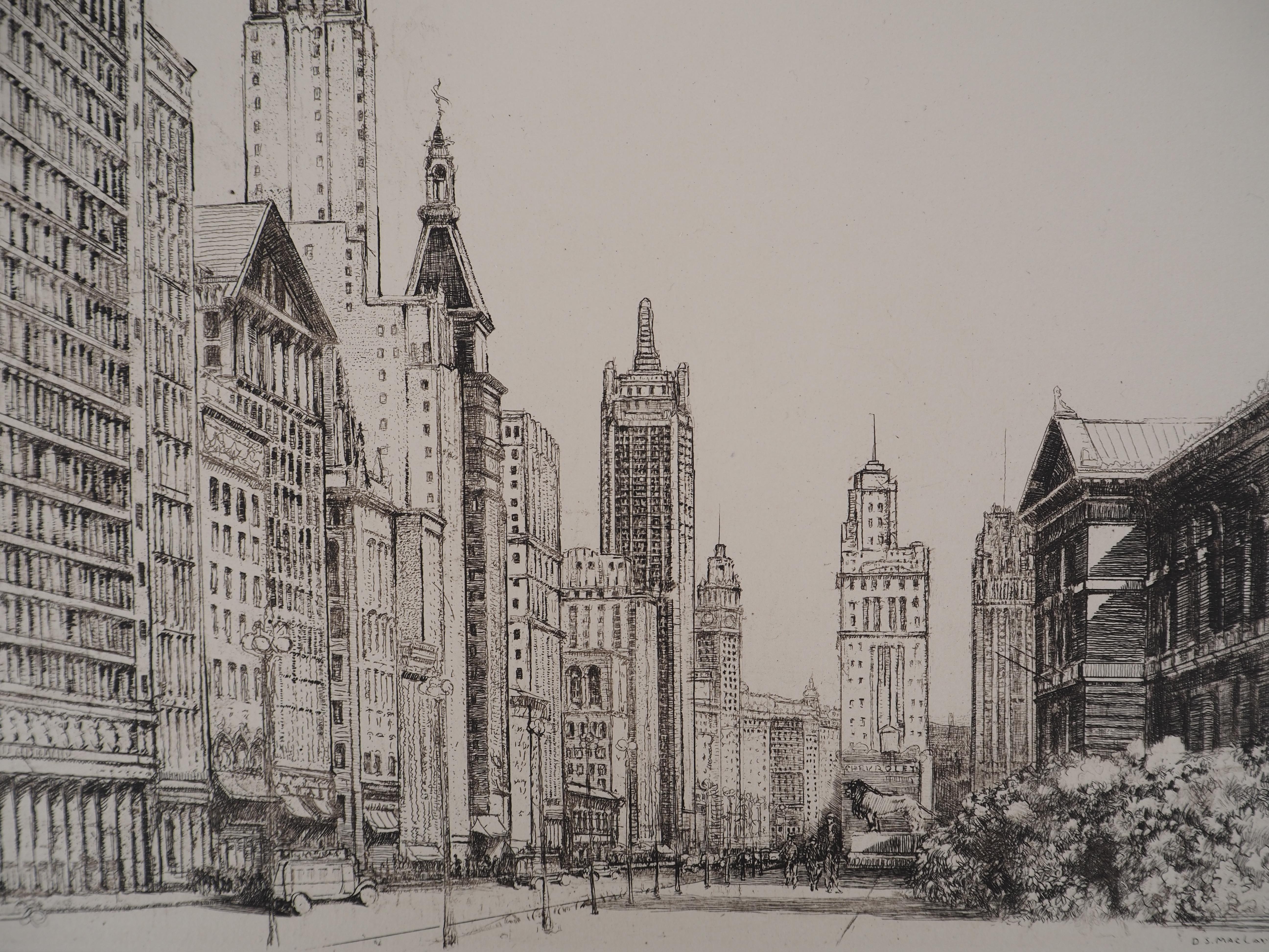 Chicago, Michigan Avenue n°1 - Incisione originale, 1931 ca. - Figurative Print Grigio di Donald Shaw MacLaughlan