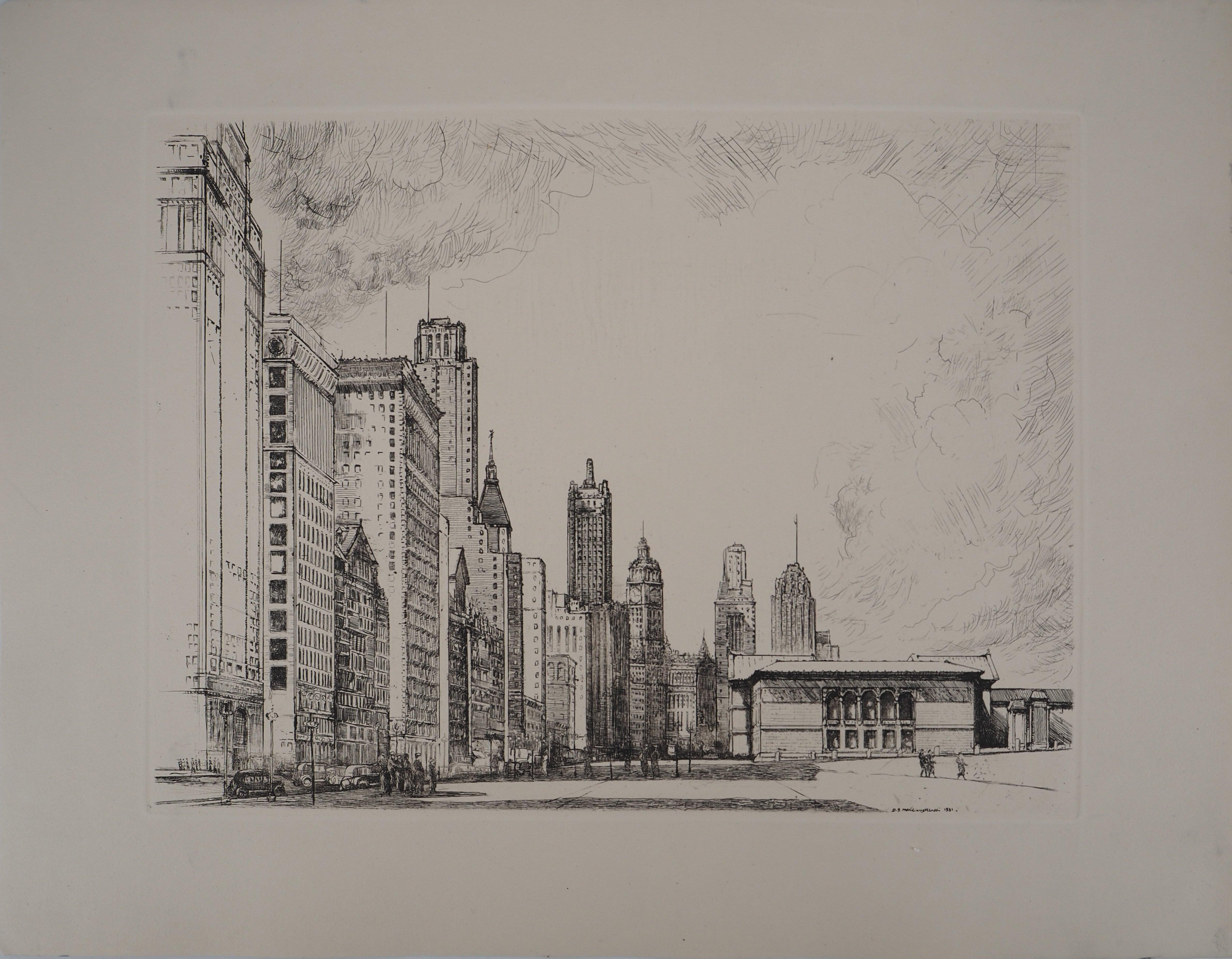 Donald Shaw MacLaughlan Figurative Print - Chicago, Michigan Avenue n°2 - Original etching, c. 1931