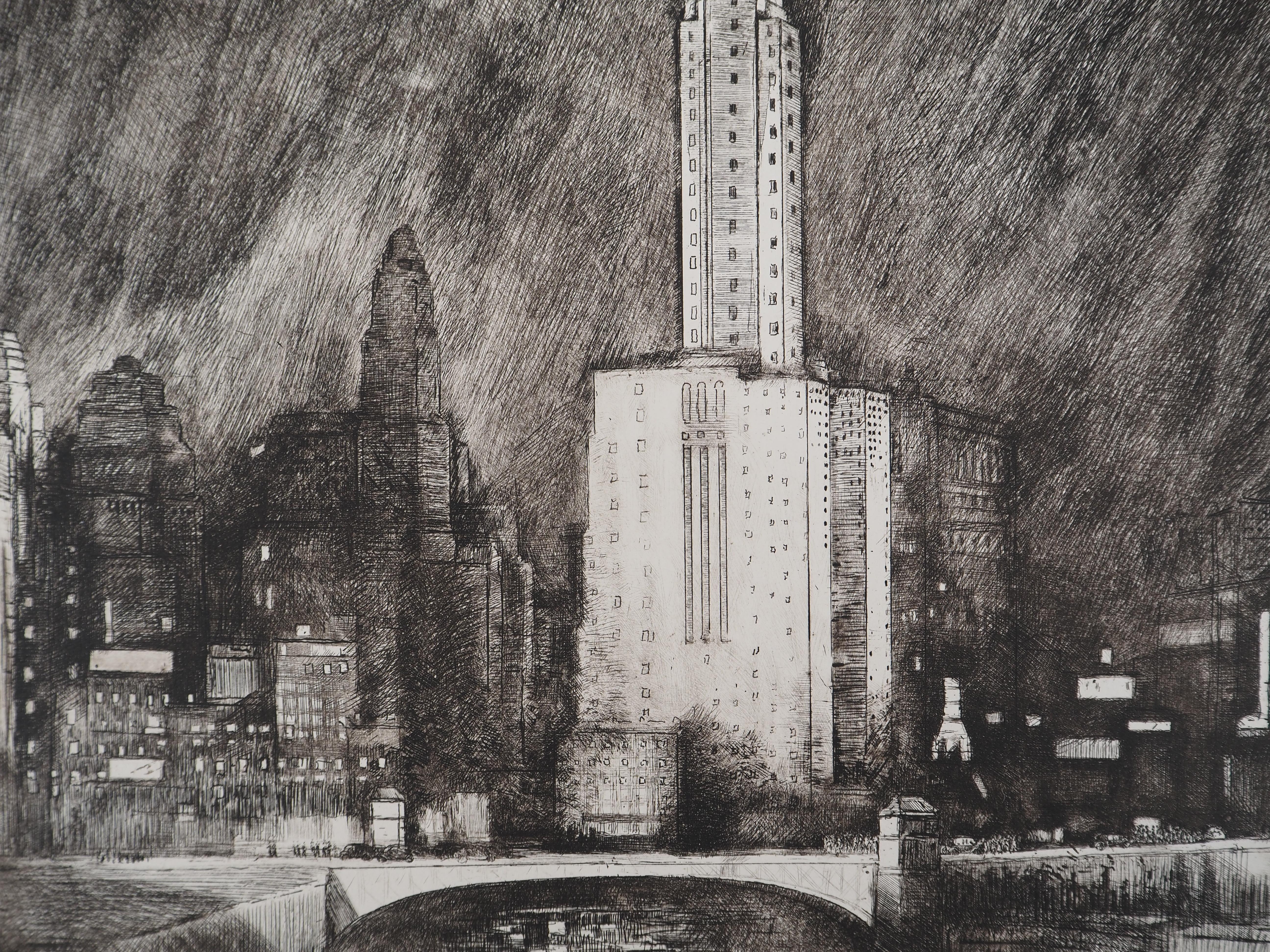 Chicago : The Wacker Drive - Original etching, c. 1931 - Gray Figurative Print by Donald Shaw MacLaughlan