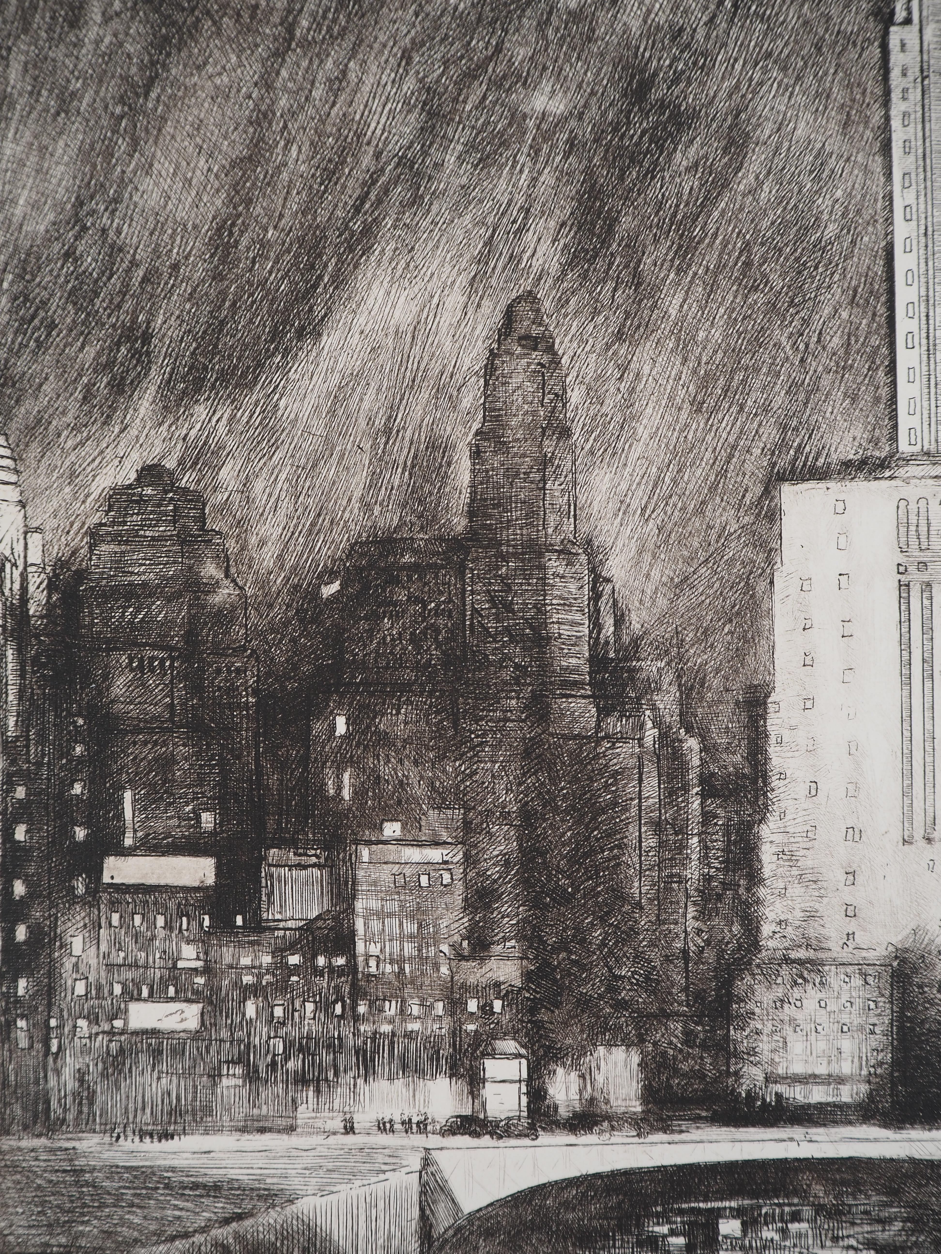 Donald Shaw MacLaughlan
Chicago : The Wacker Drive, c. 1931

Original etching
Printed signature in the plate
On vellum 38 x 50 cm (c. 15 x 20 in)

Very good condition, light defects at the edge of the sheet
