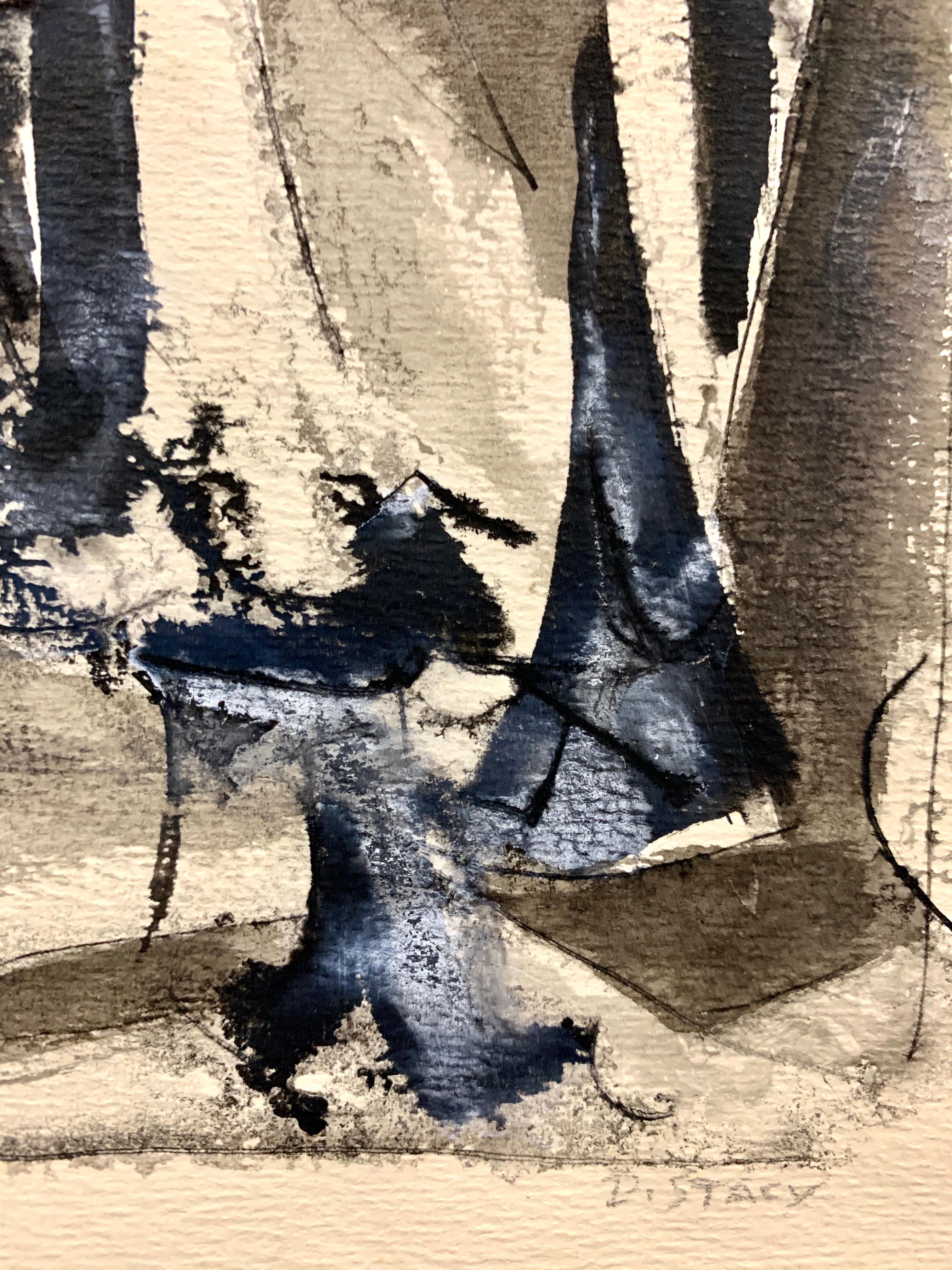 1950er Jahre „Abstract #4“ Tusche- und Gouache-Gemälde Univ von Paris, Einzigartig  (Beige), Abstract Drawing, von Donald Stacy