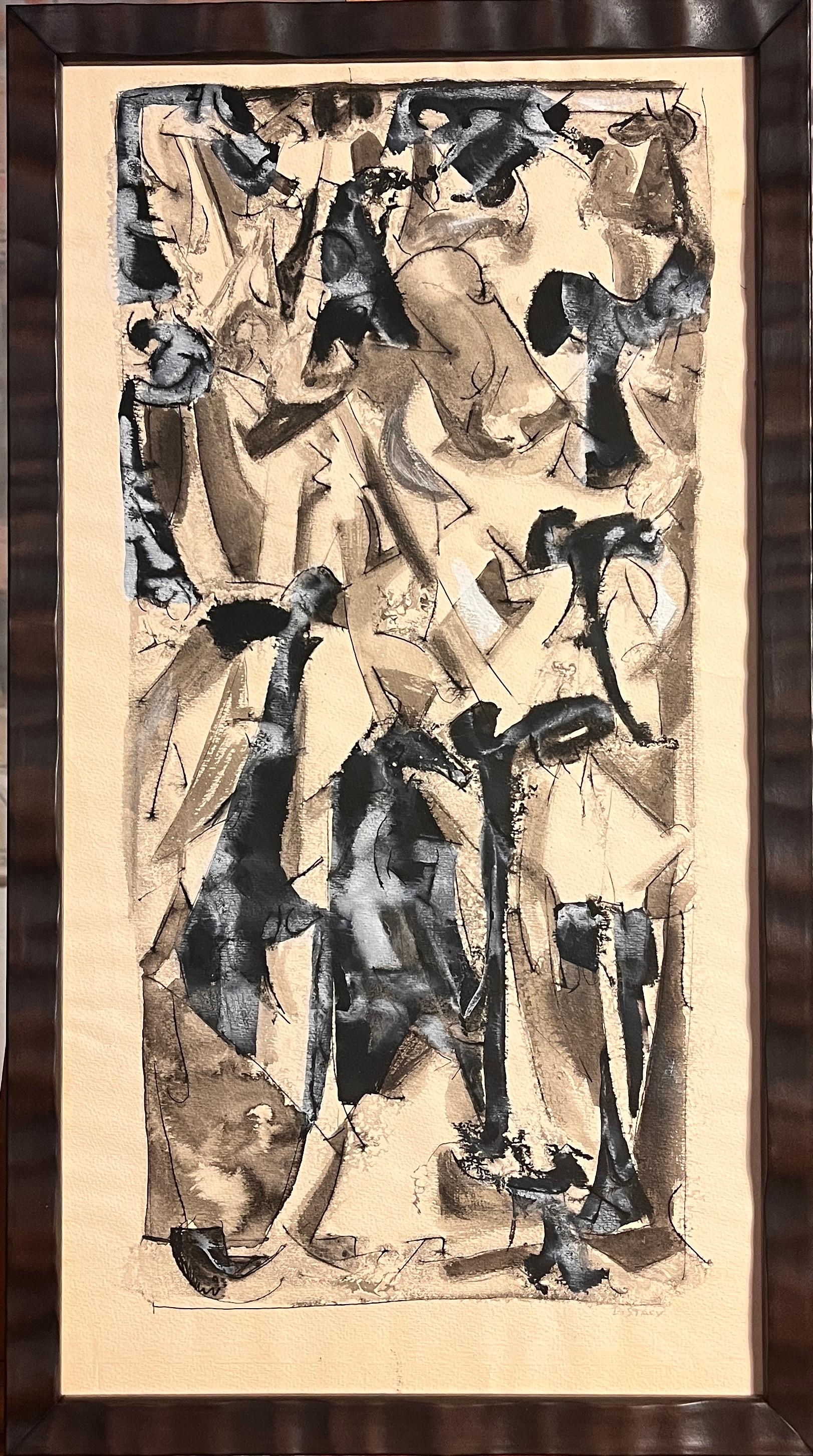 Donald Stacy Abstract Drawing – 1950er Jahre „Abstract #4“ Tusche- und Gouache-Gemälde Univ von Paris, Einzigartig 