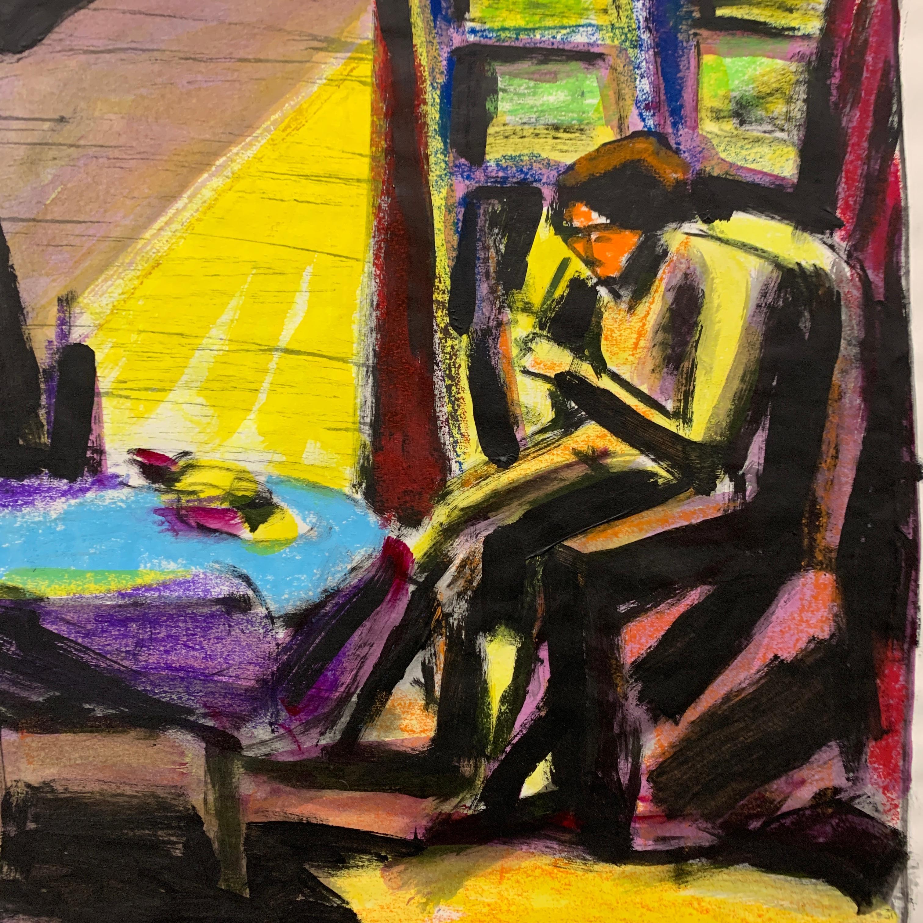 « At the Table », gouache et pastel à l'huile figuratif mi-siècle moderne, années 1950 - Modernisme américain Painting par Donald Stacy