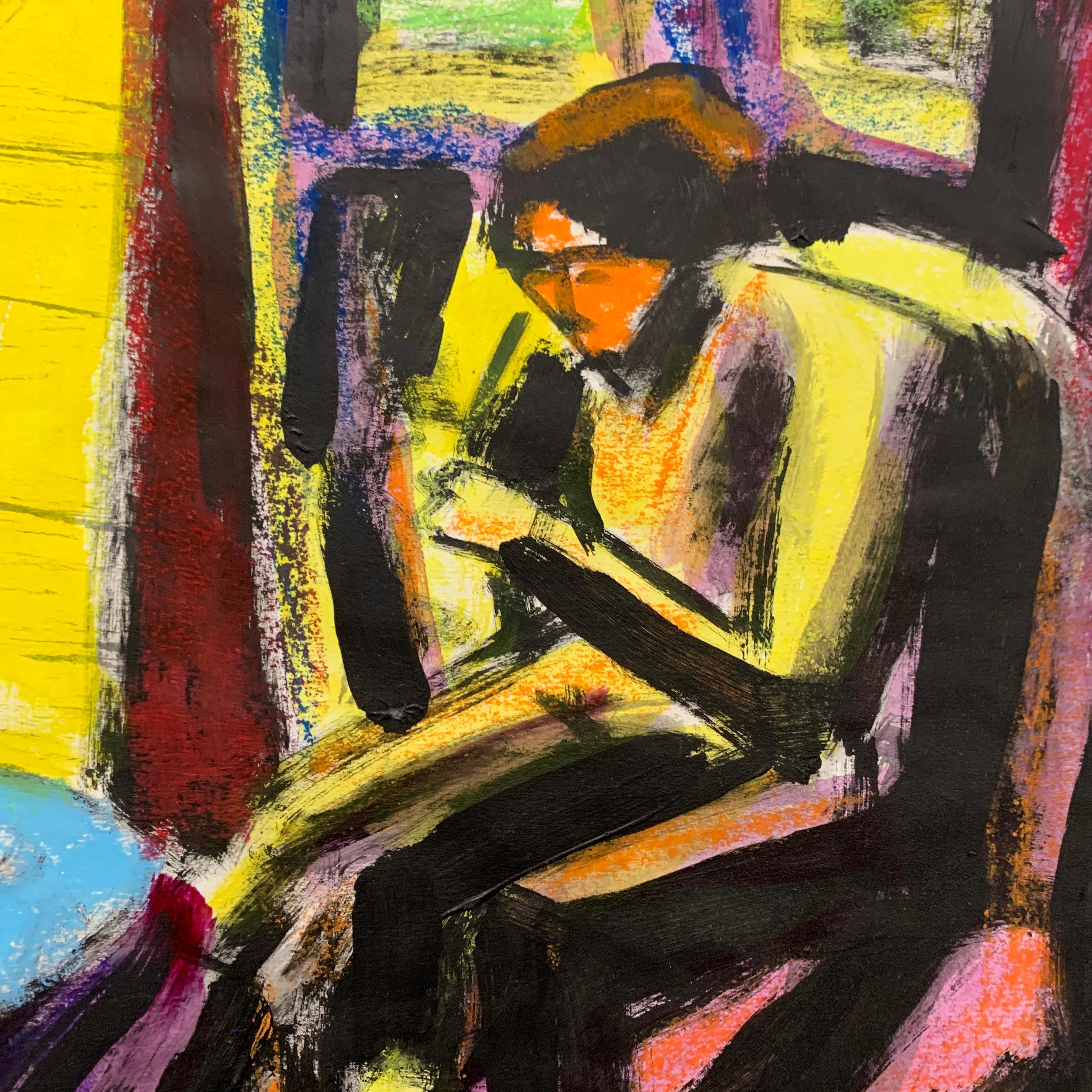 « At the Table », gouache et pastel à l'huile figuratif mi-siècle moderne, années 1950 - Noir Figurative Painting par Donald Stacy