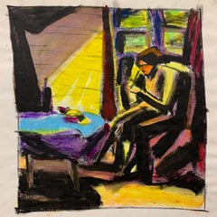 1950s "At the Table" Mid Century Figurative Gouache & Oil Pastel