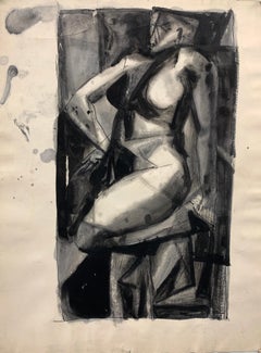 1950s "Cube Head" Mid Century Figurative Ink Wash Painting