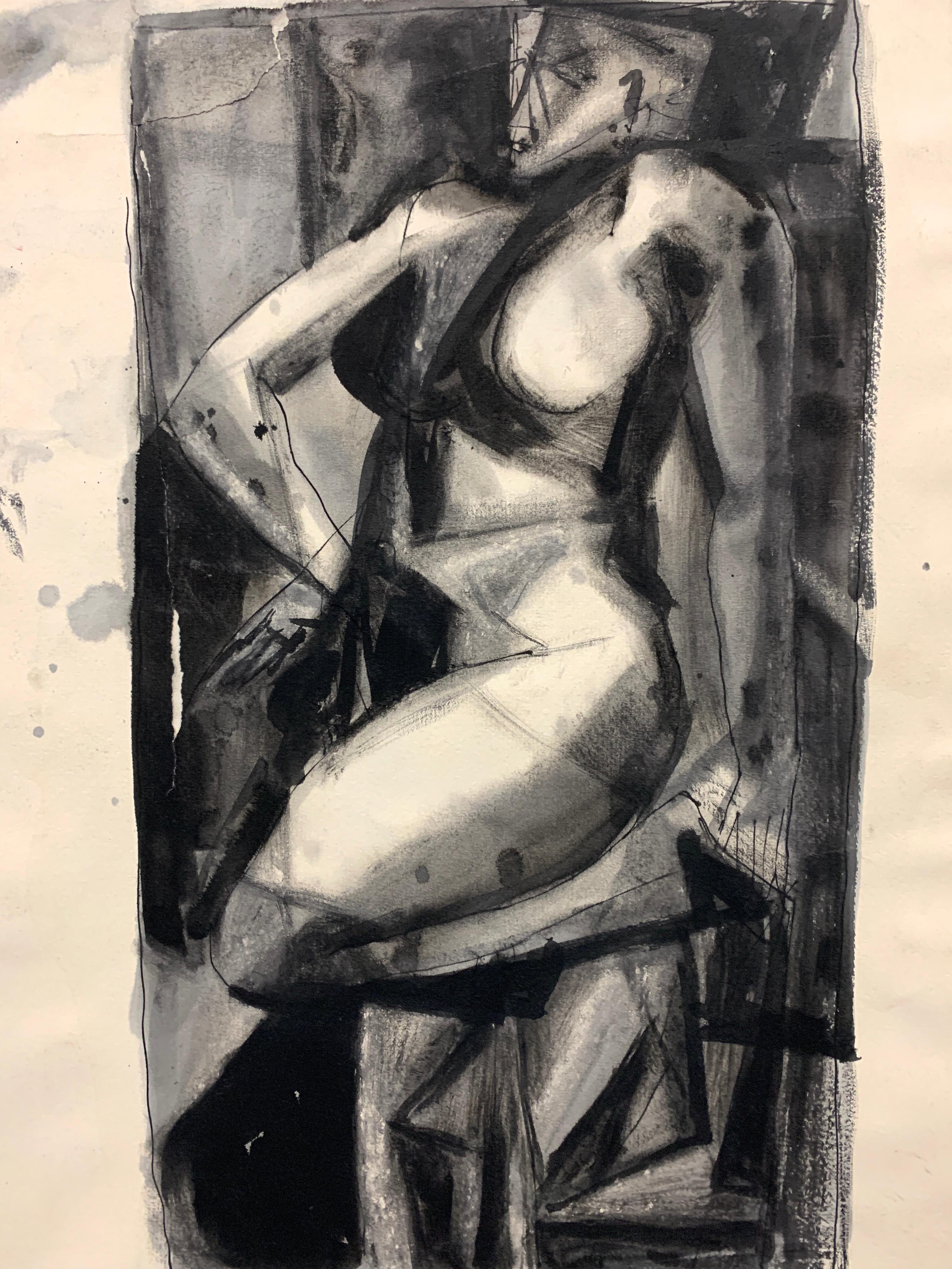 Pintura figurativa a la tinta de los años 50 "Cabeza de cubo" de mediados de siglo