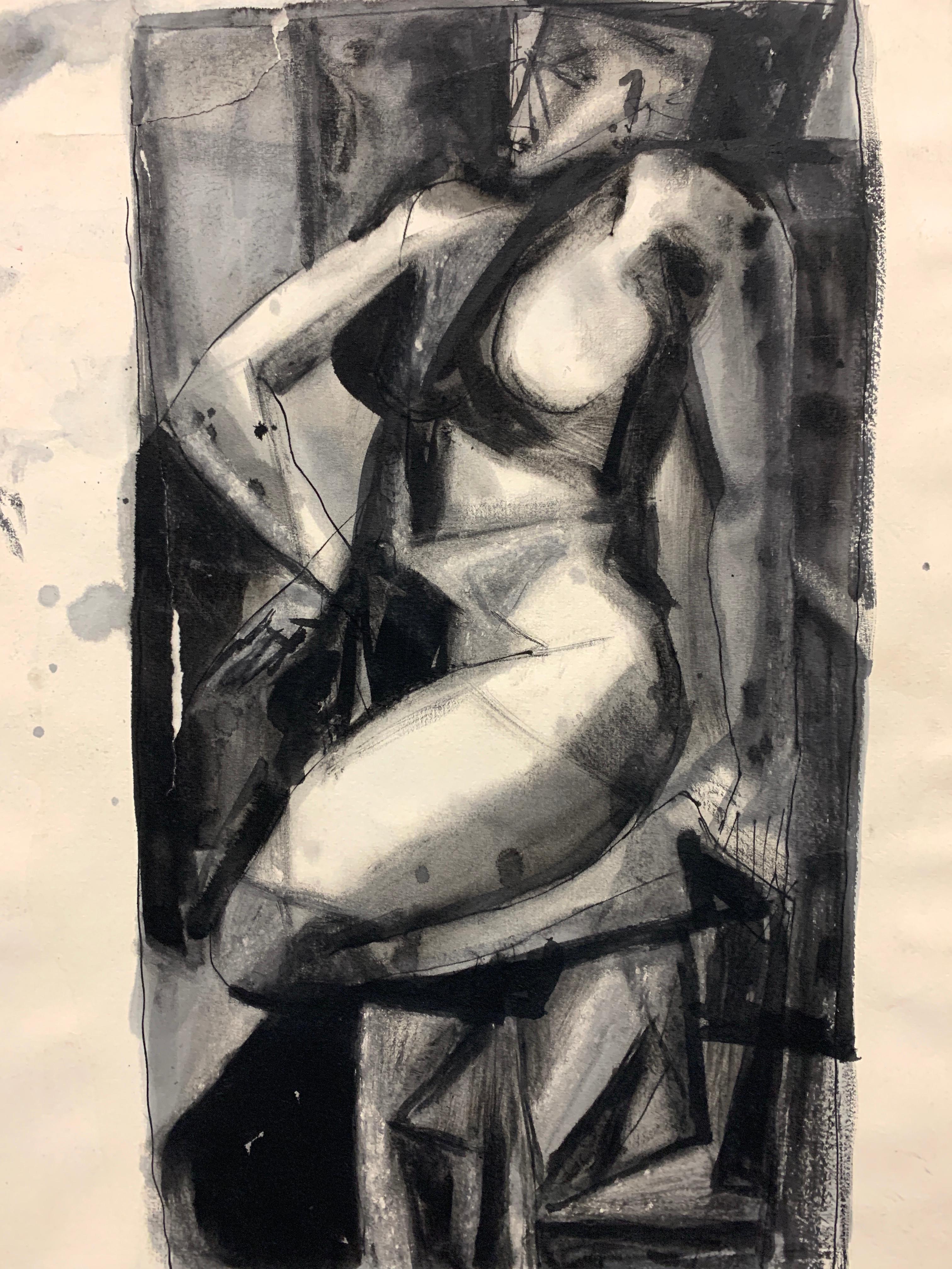 Donald Stacy Nude Painting – 1950er Jahre ""Würfelkopf" Figuratives Tuschewaschengemälde aus der Mitte des Jahrhunderts