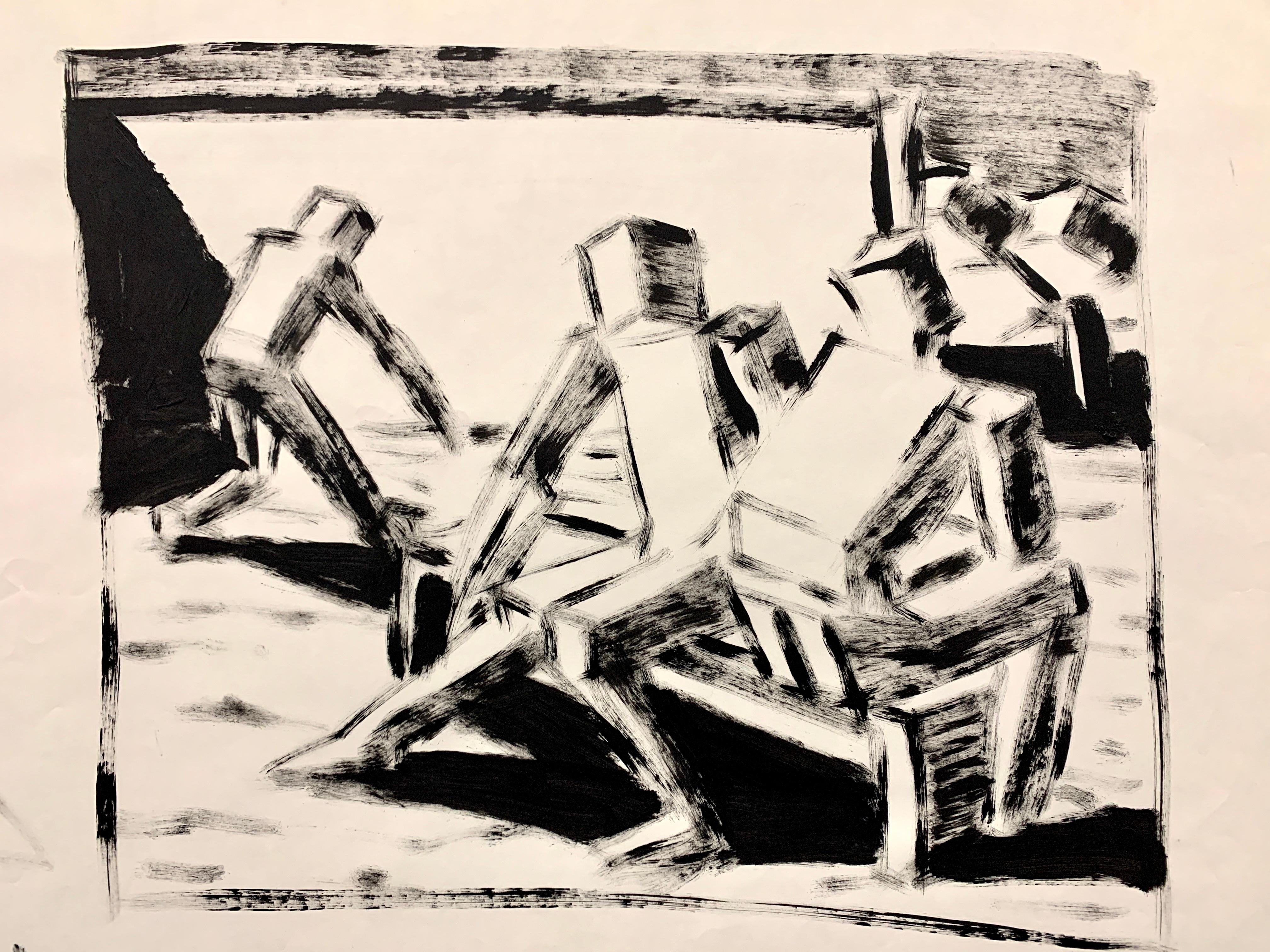 1950s "Cubed Figures on Bench" MidCentury Figurative Gouache Original Painting
