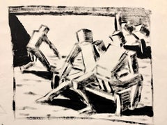 1950s "Cubed Figures on Bench" MidCentury Figurative Gouache Pintura Original