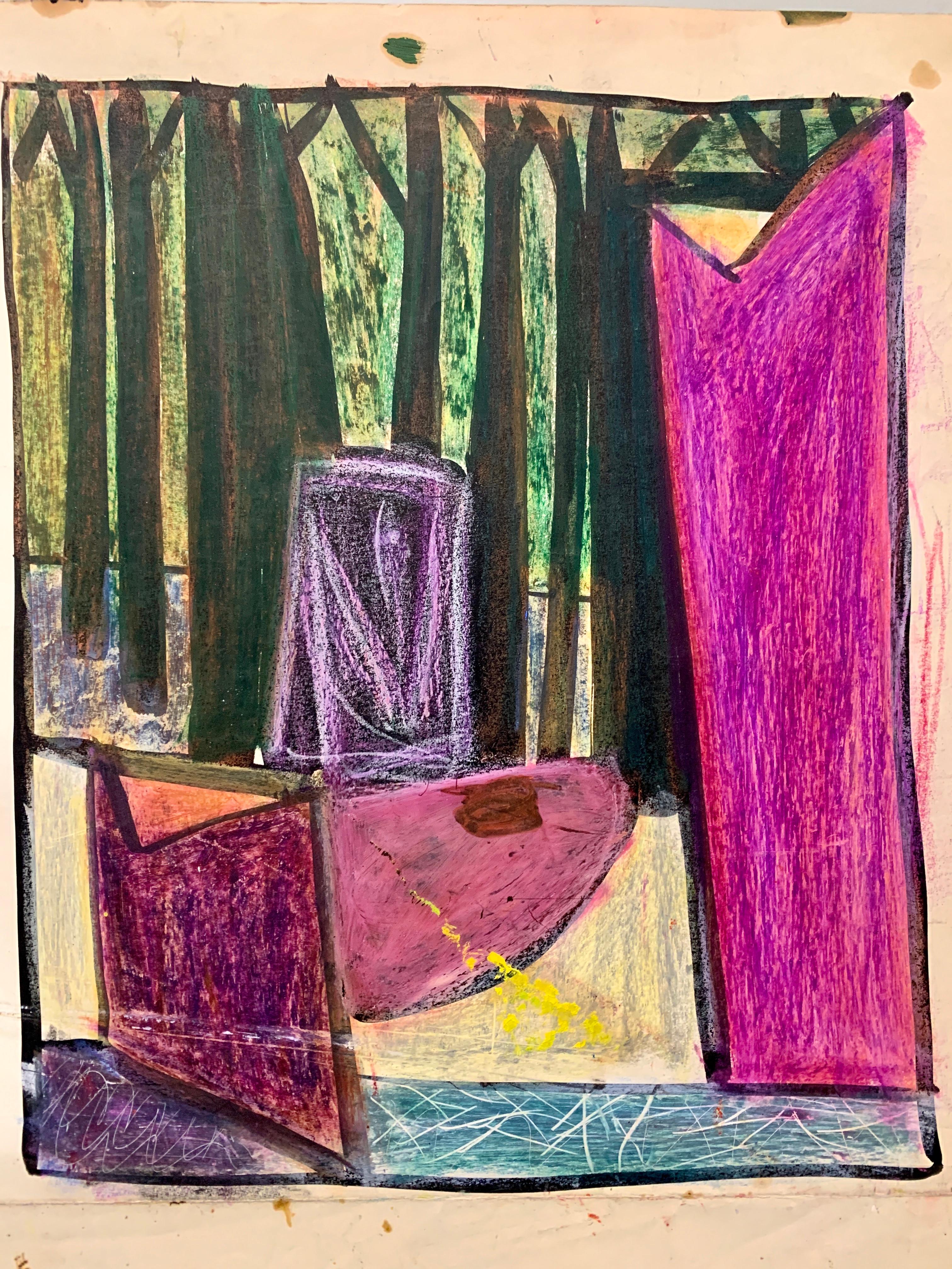 « Forest Through Window », gouache abstraite mi-siècle de l'université de Paris, années 1950 - Painting de Donald Stacy