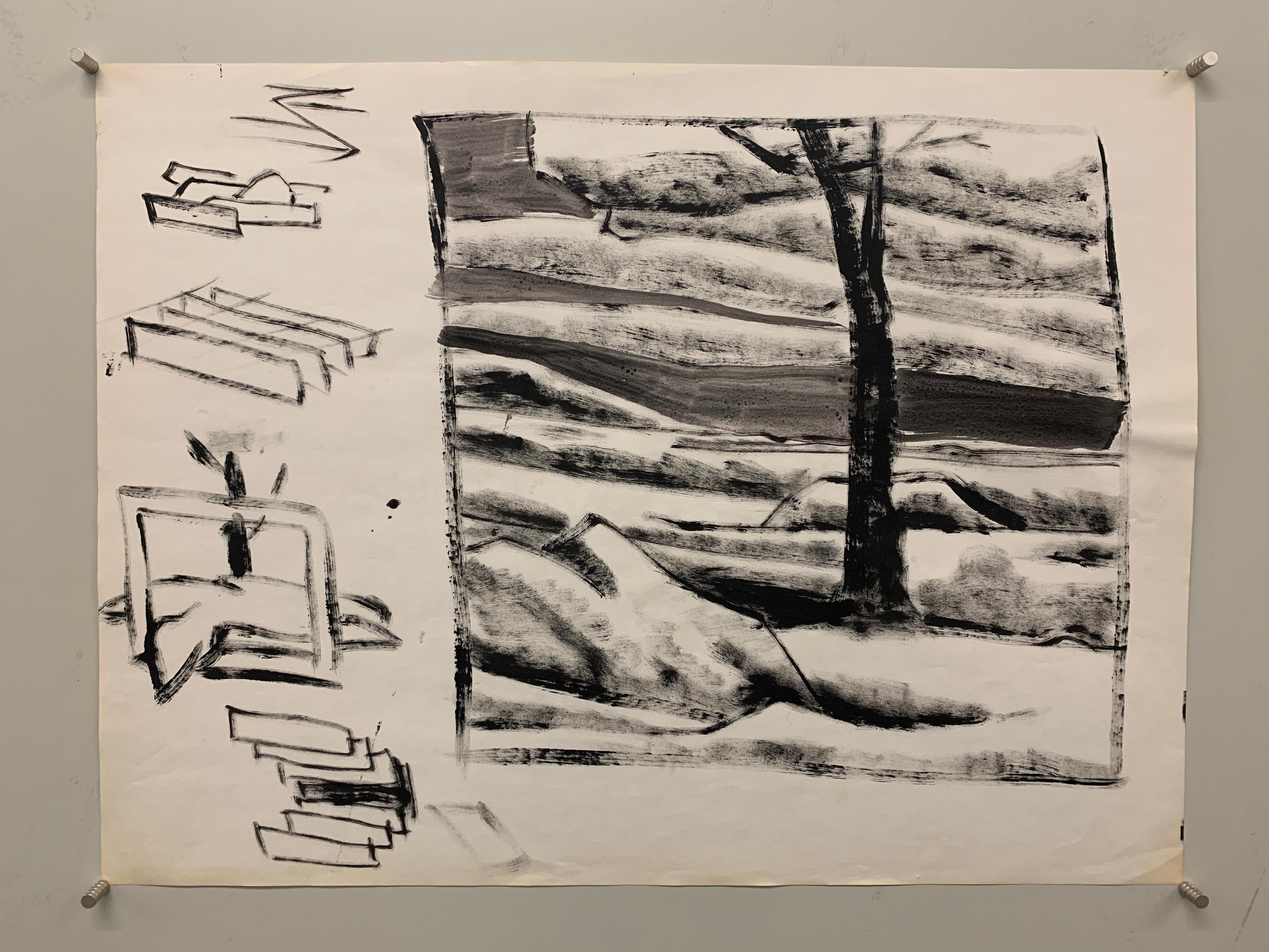 Peinture de paysage à la gouache « Paysage avec rocher » de Donald Stacy des années 1950 en vente 1