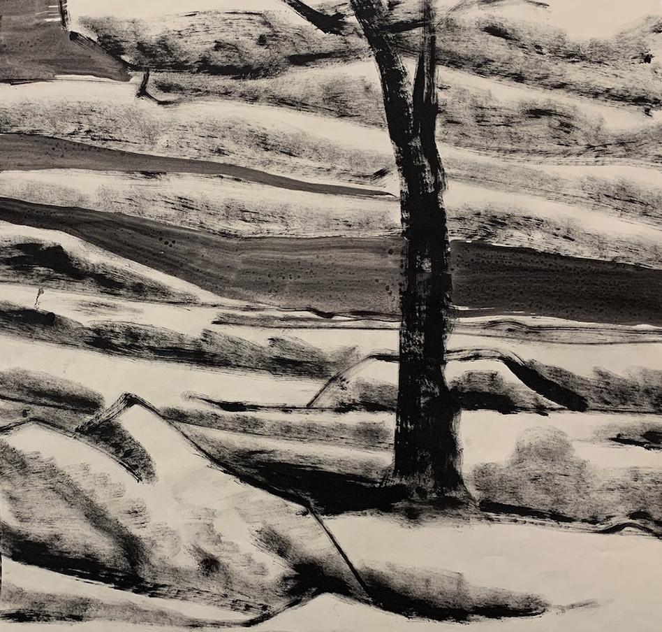 Peinture de paysage à la gouache « Paysage avec rocher » de Donald Stacy des années 1950 en vente 2