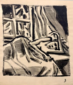 Pittura figurativa a guazzo del 1950 "Posa accanto alla finestra