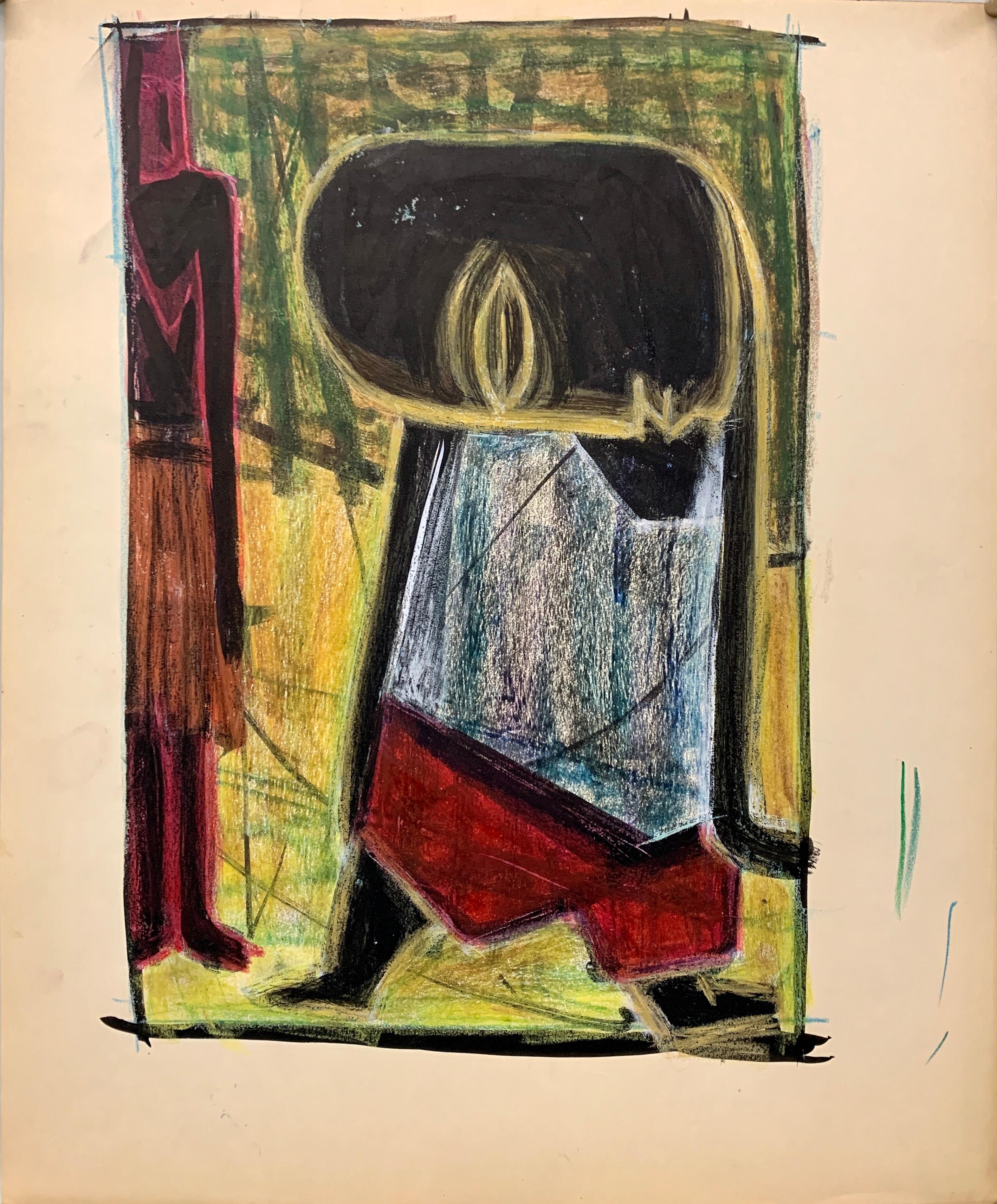 1950s "Mark" Oil Pastel and Gouache Figurative Painting NYC Modern Mid Century