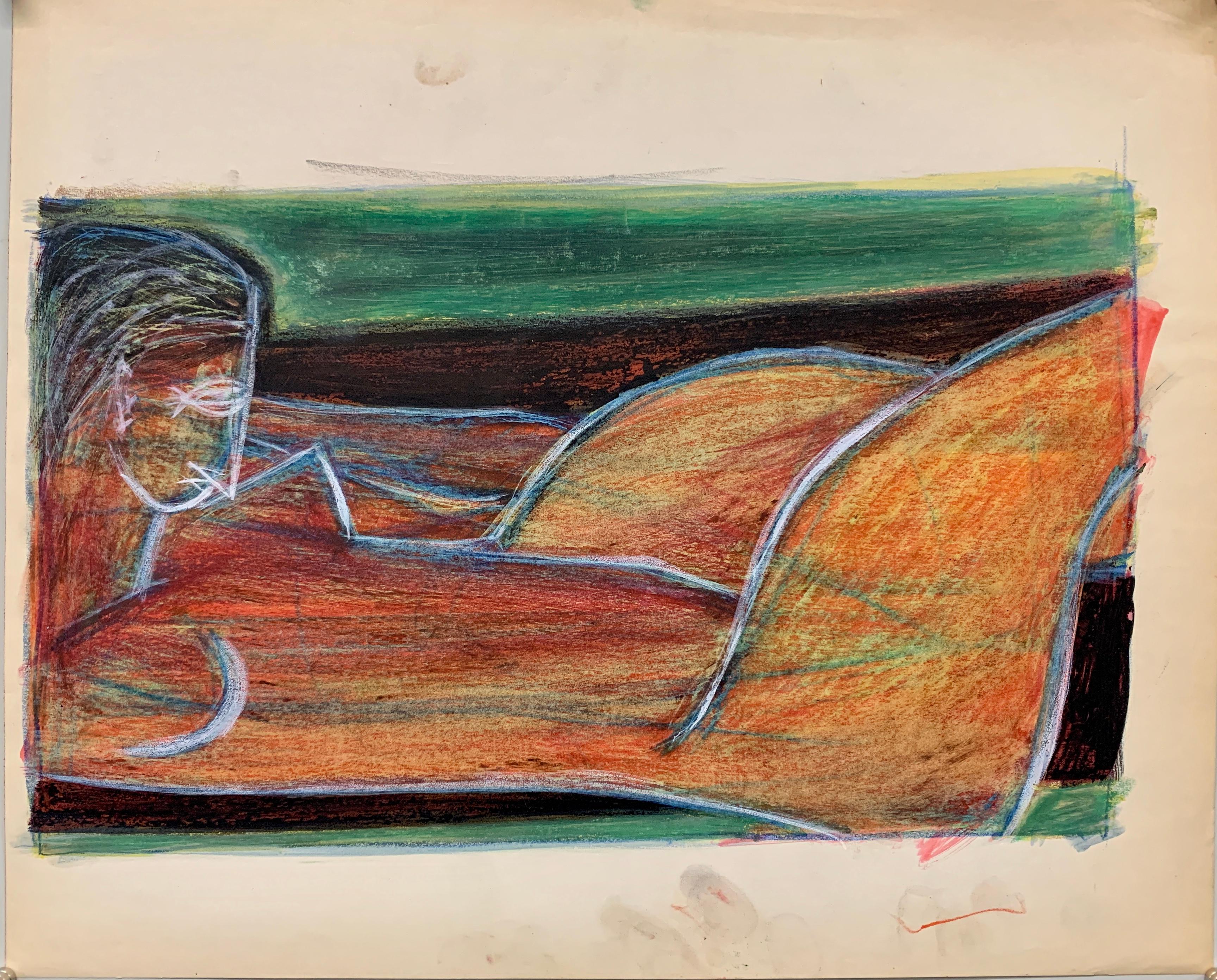 « Orange Nude Lounging », peinture figurative du milieu du siècle dernier de Pratt Graphic Arts, années 1950  - Painting de Donald Stacy