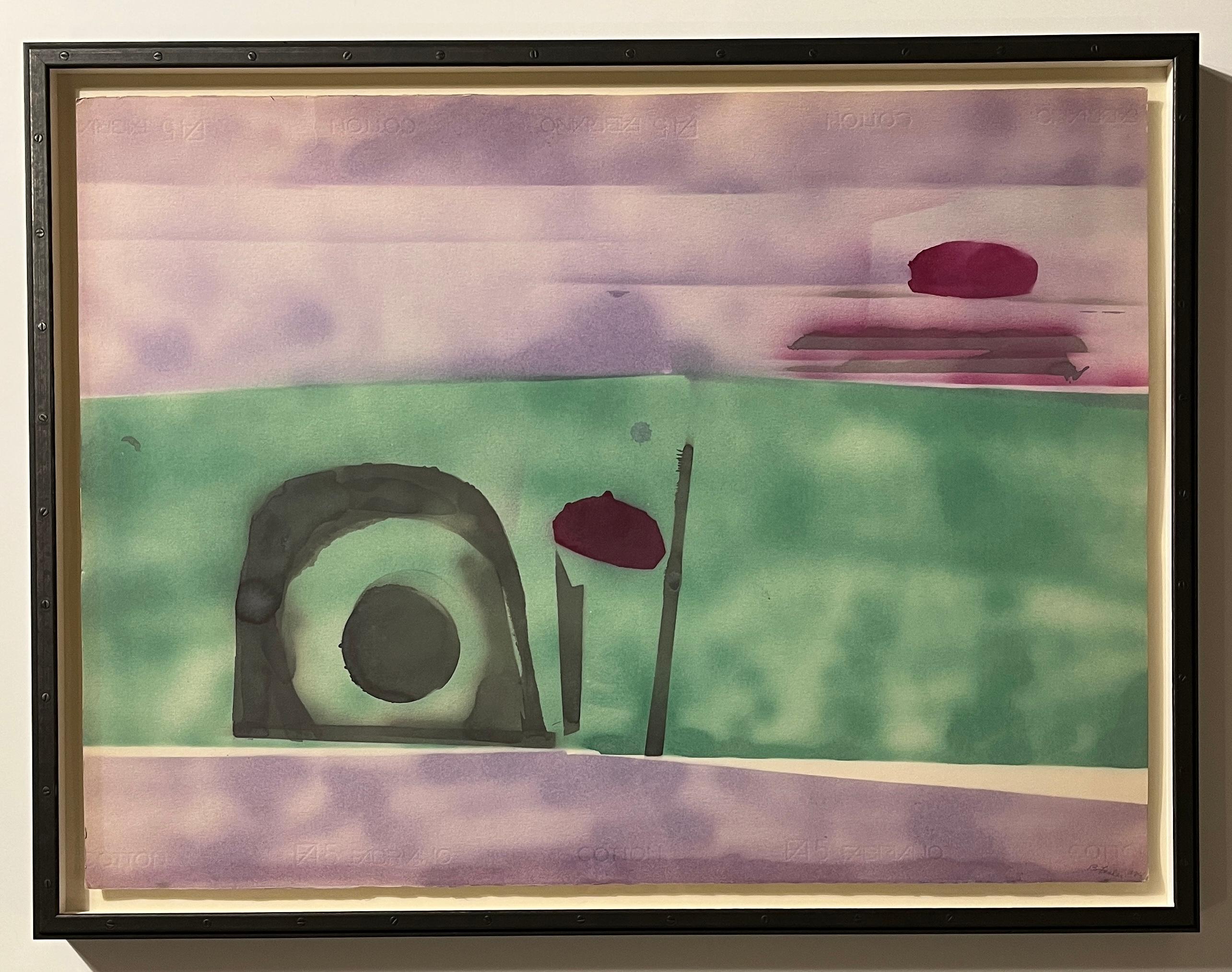 Abstract Painting Donald Stacy - Peinture de paysage abstrait du milieu du siècle "Purple Sky Landscape" des années 1950 