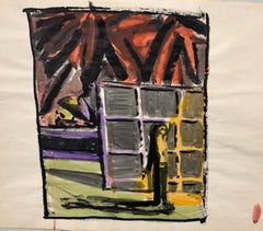 "Figure in Shadow" Gouache Interior Mid Century 1950s Fauvist Painting