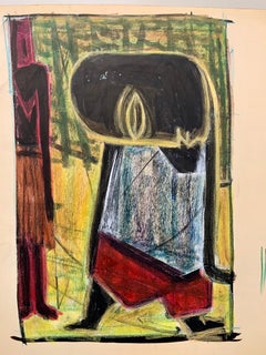 Oil Pastel and Gouache Painting, Figurative, Circa 1950s