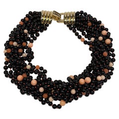 Donald Stannard 10 Strand Black Glass & Rose Quartz Bead Necklace