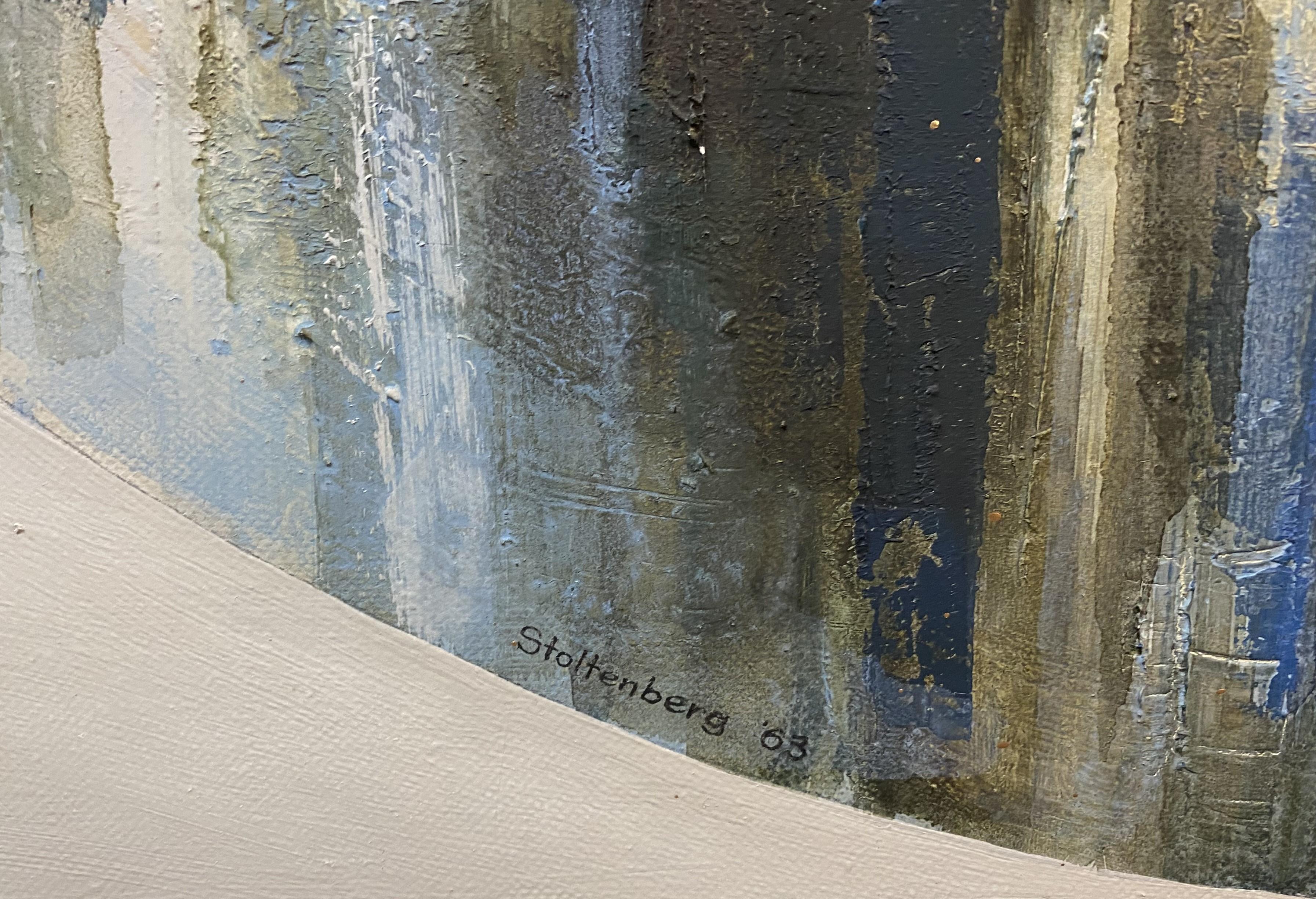 Une belle peinture à l'huile abstraite de l'artiste américain Donald Hugo Stoltenberg (1927-2016). Stoltenberg est né à Milwaukee, WI, a fréquenté l'école primaire publique de Chicago et l'école secondaire de Grand Rapids, Michigan. Il a obtenu une